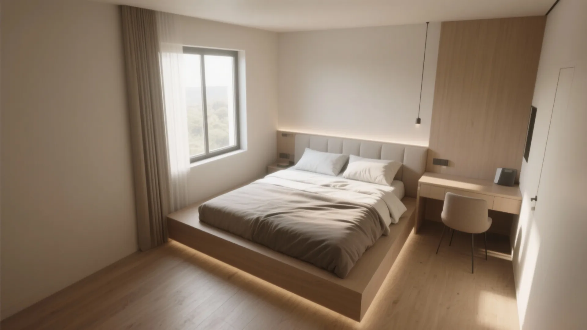 Small bedroom with a full-size bed placed diagonally to improve circulation and perceived space.