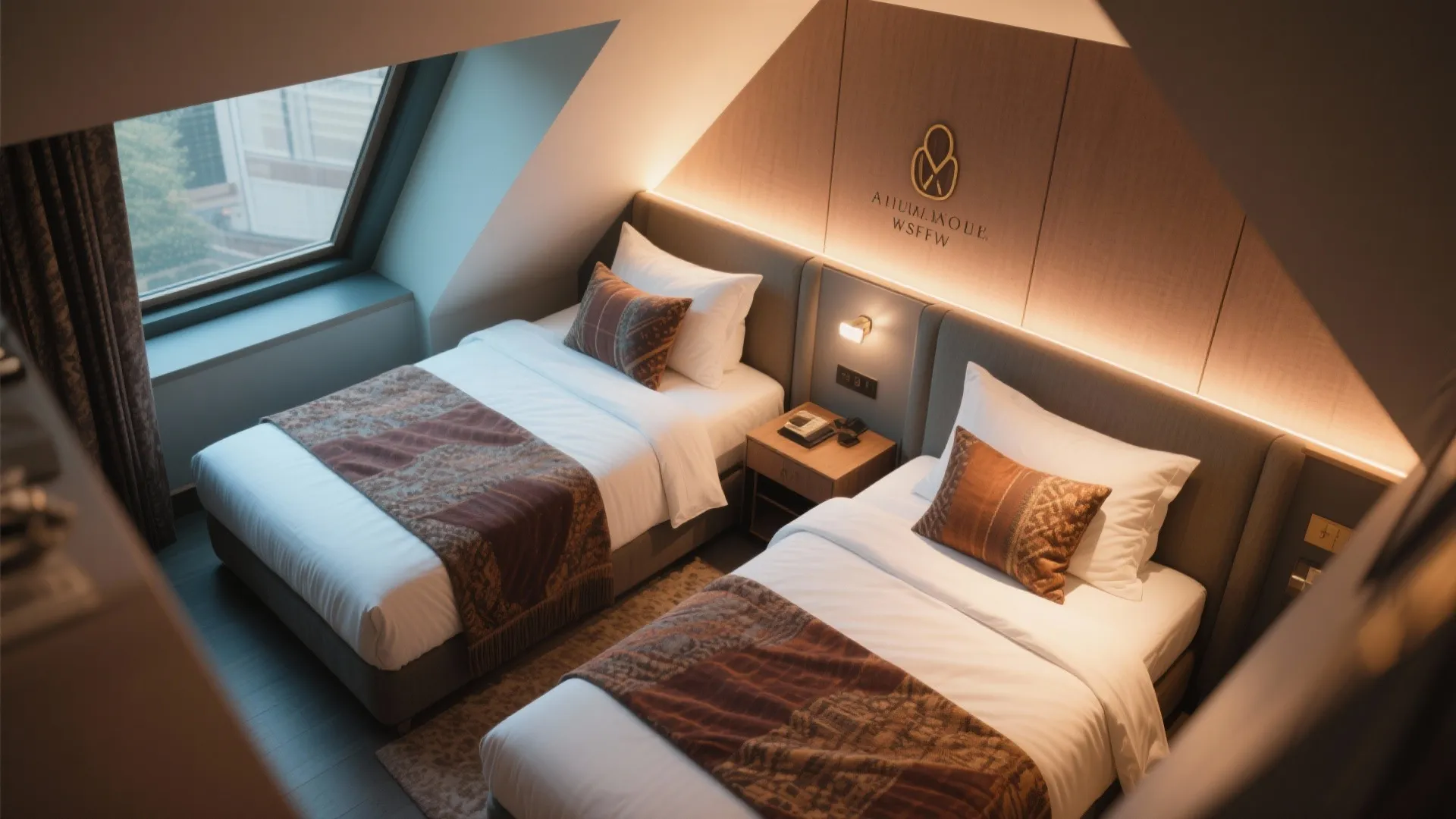 Top view of two single beds in an attic bedroom with roof window and warm lights