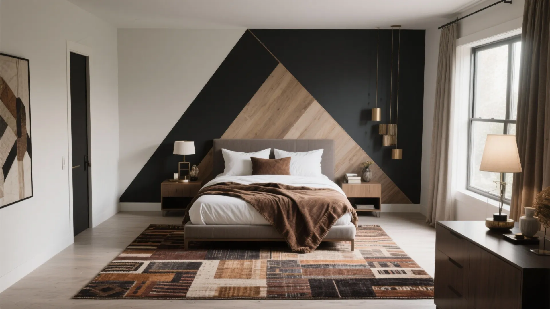 Modern bedroom with a geometric wall panel design brown bedding pattern rug and gold lights