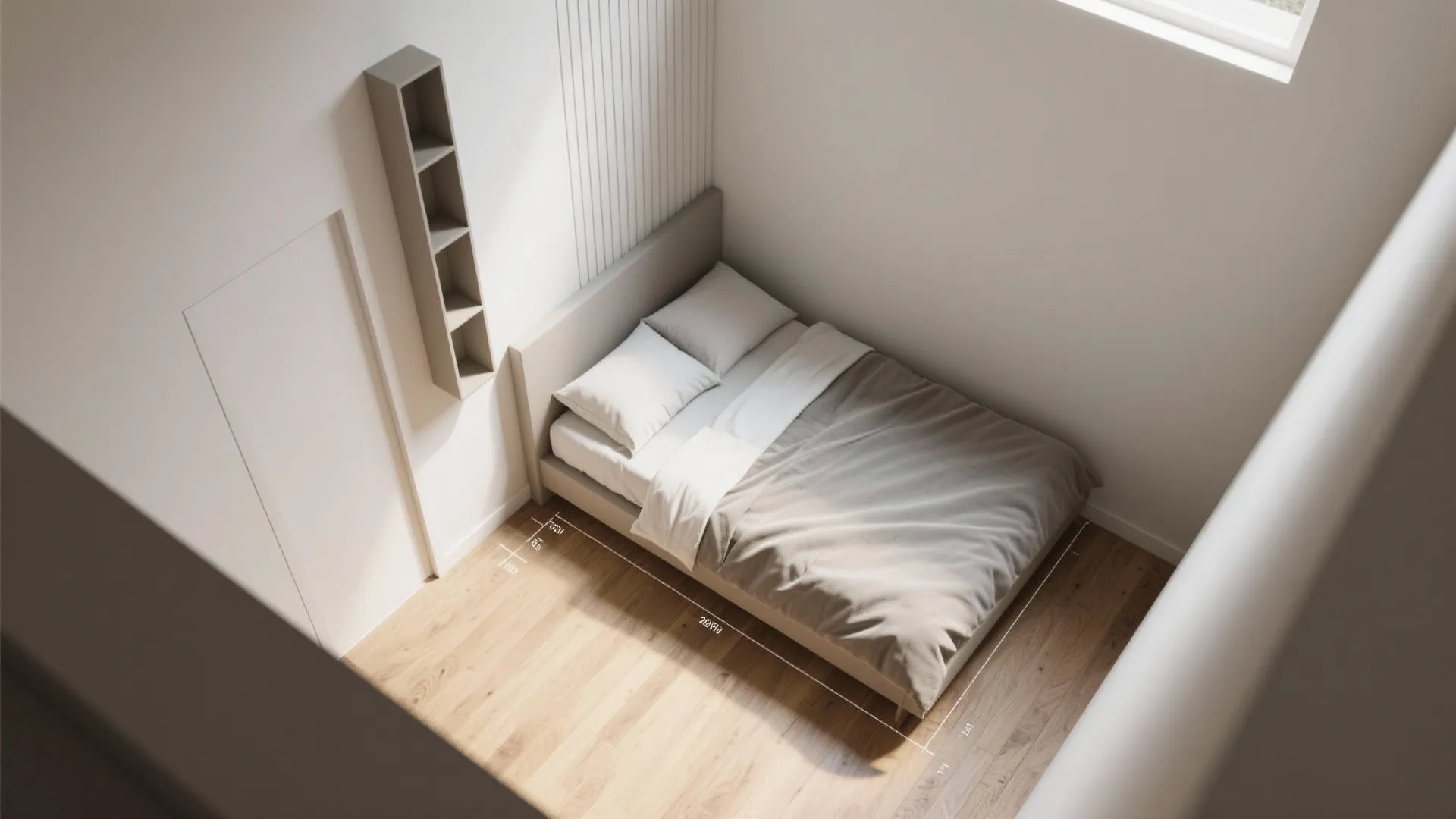 Interior design drawing showing top view of a small bedroom with dimensions and bed placement