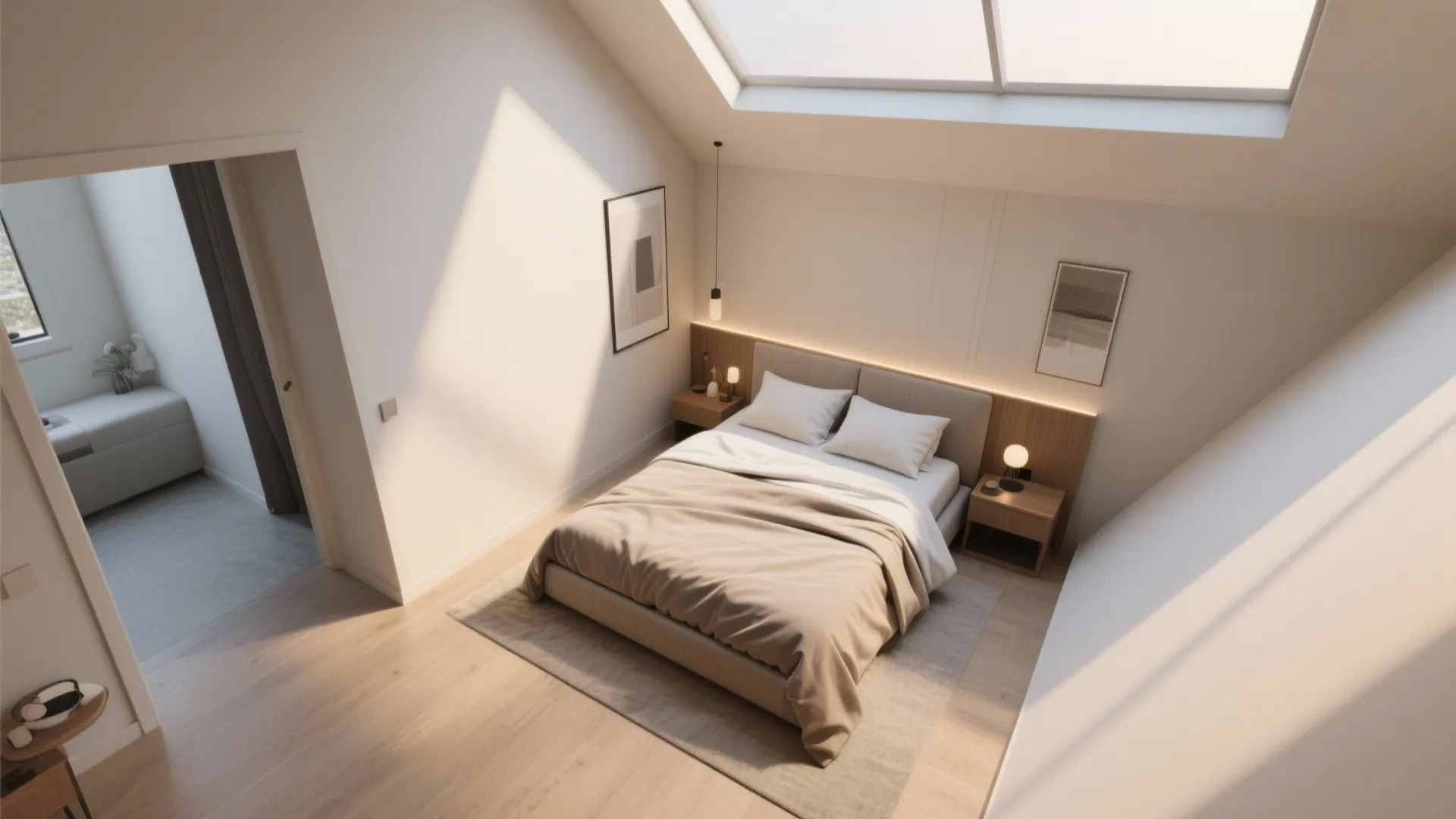 Modern bedroom design with diagonal bed layout large roof window wooden floor and soft lighting