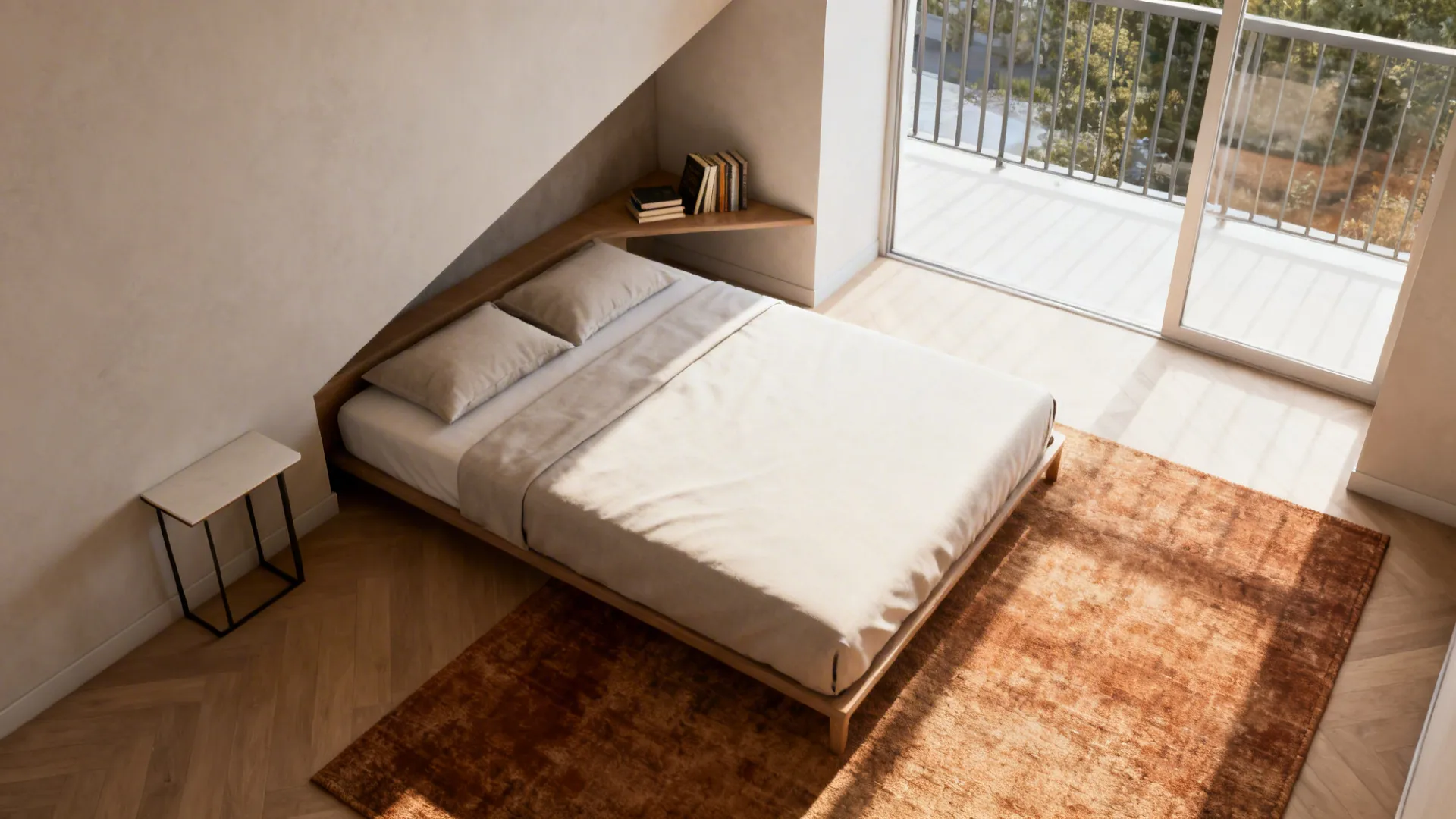 Modern bedroom with bed placed diagonally on orange rug under sloped ceiling near glass door