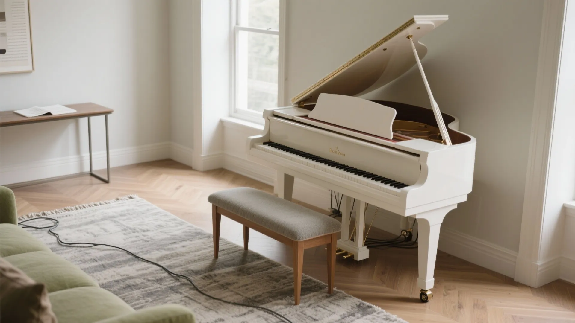 Diagonal baby grand placement with a floating bench and a clear walkway behind in a small living room.