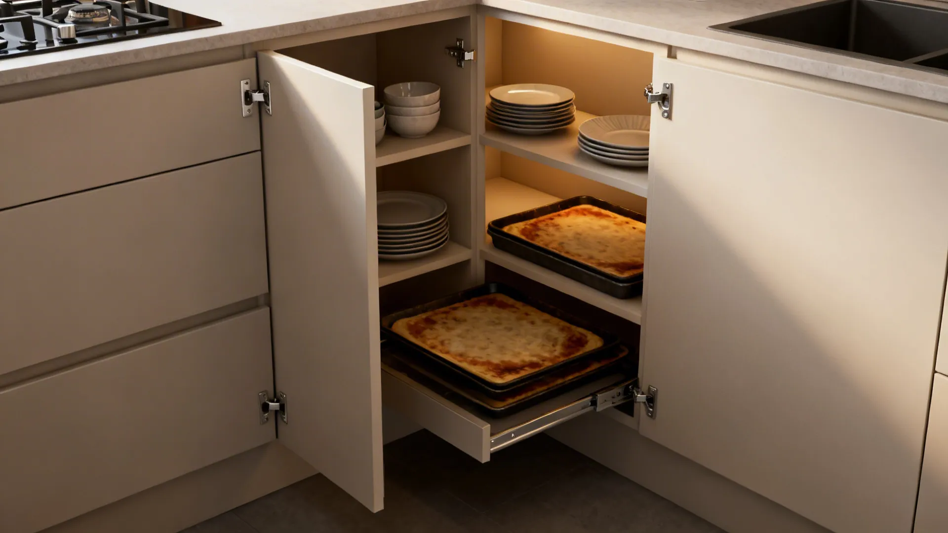 Diagonal corner cabinet with bi-fold doors open showing shallow shelving for dishes