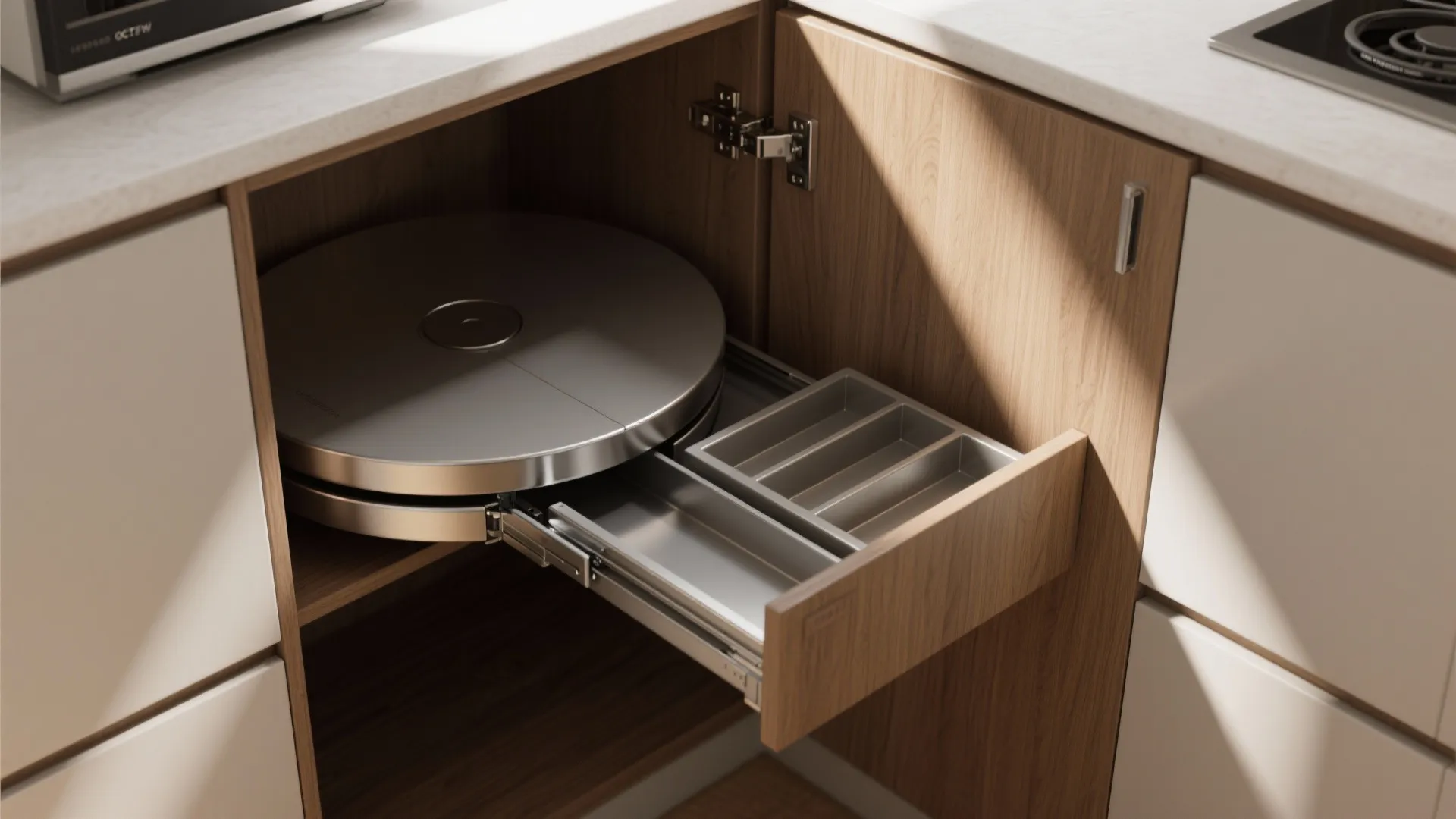 2. Diagonal corner cabinets for deeper reach