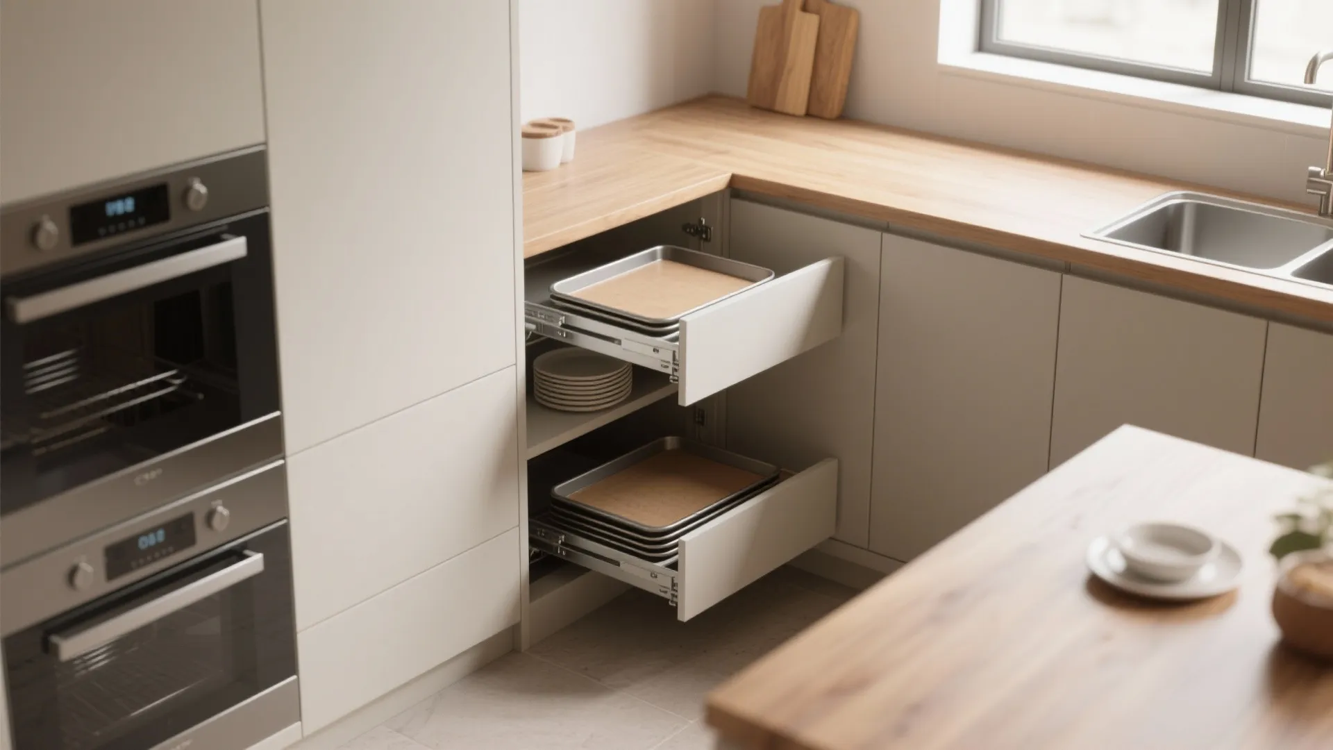 Modern kitchen with white pull out drawers for baking trays and wood countertop near sink