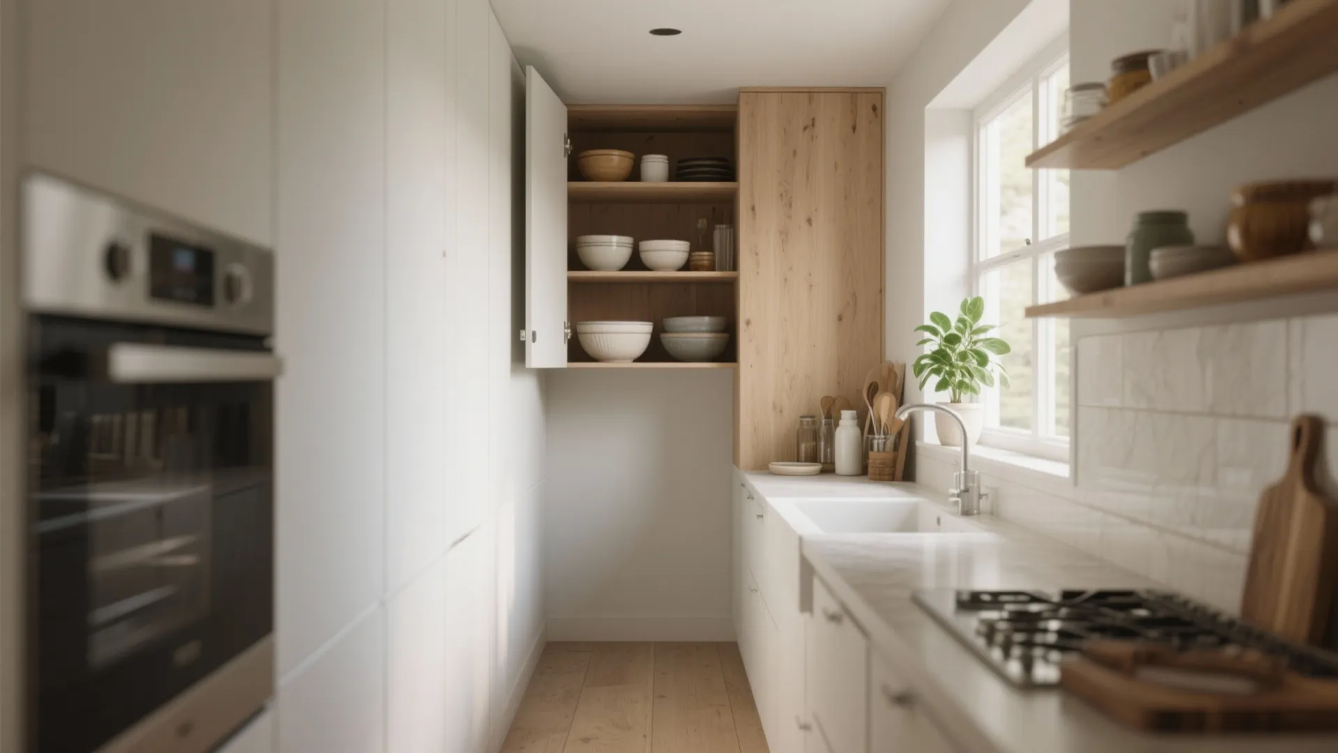 Narrow modern kitchen interior design with white cabinets wooden shelves oven sink and window light