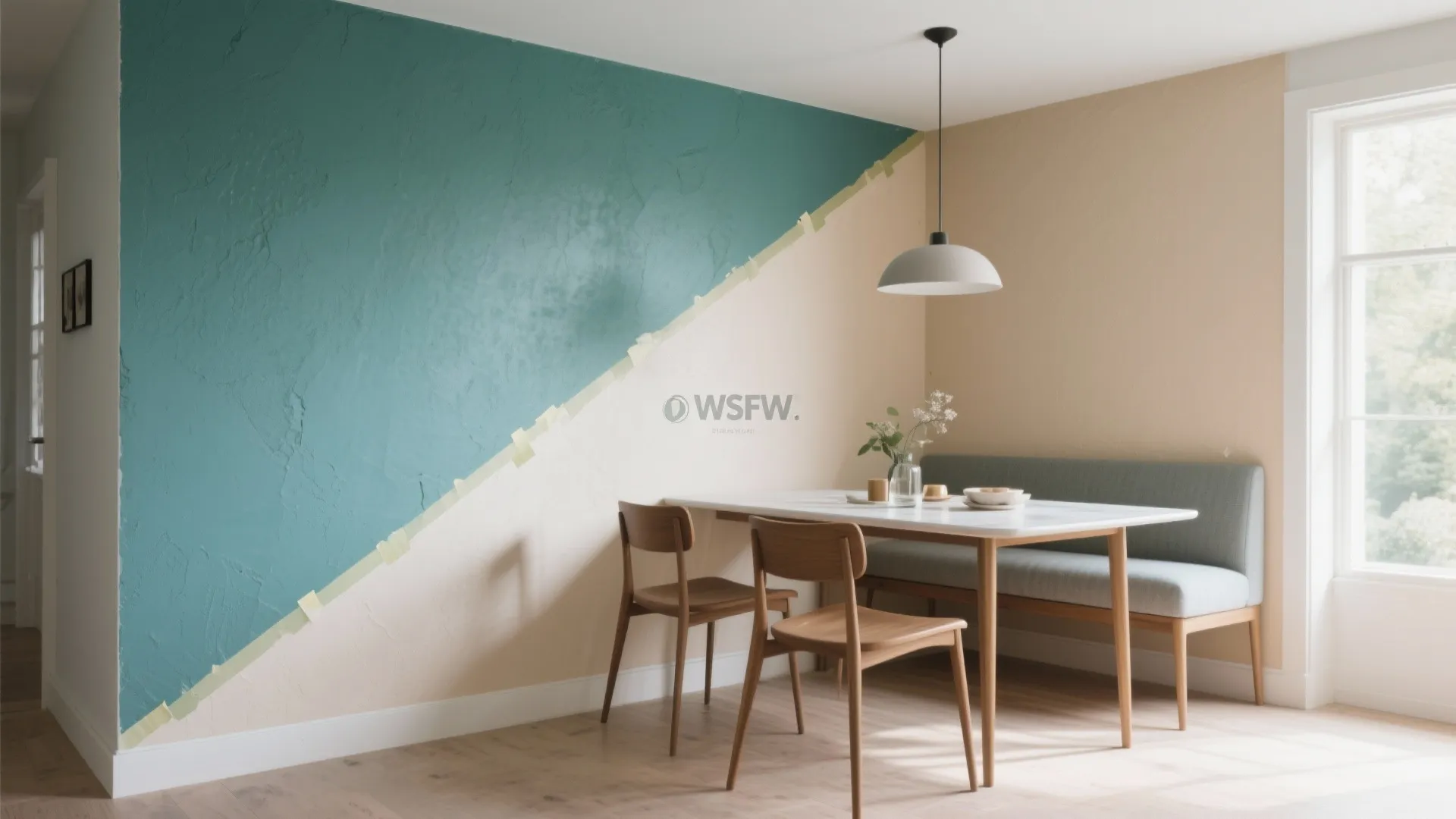 Dining room interior design with diagonal green wall paint behind wooden table and ceiling light