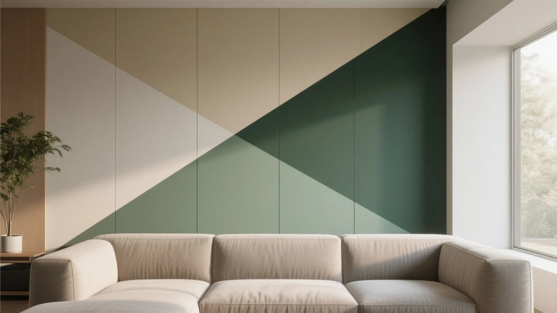 Minimalist living room featuring a large diagonal green and beige wall design with beige sofa