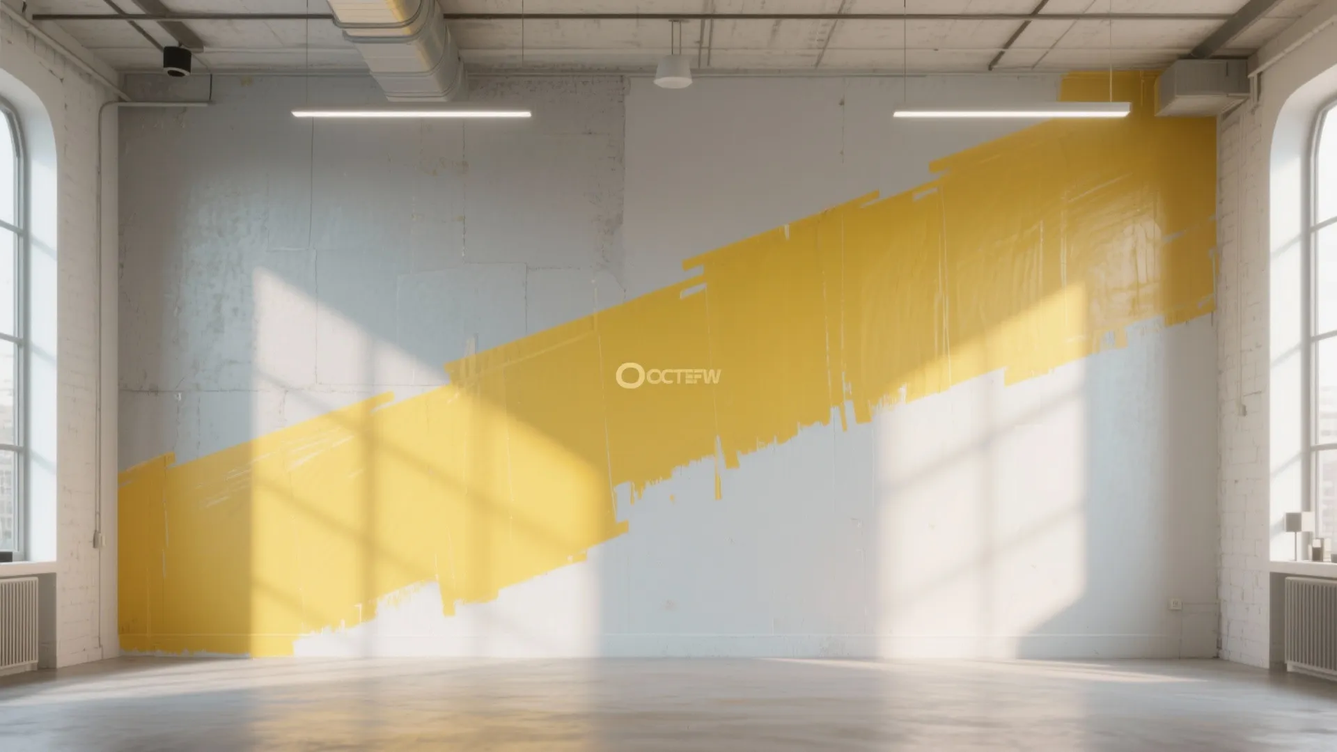 Spacious empty room with a large white wall featuring a thick diagonal yellow paint stroke