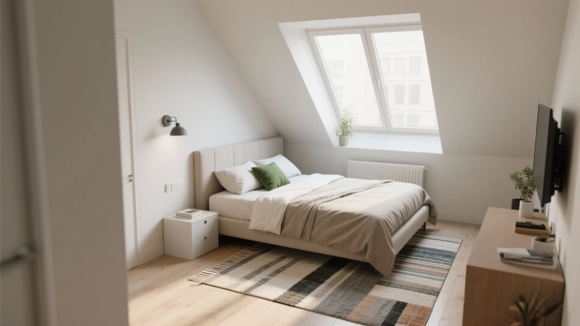 Angled diagonal bed in a small room that improves visual flow and opens circulation.