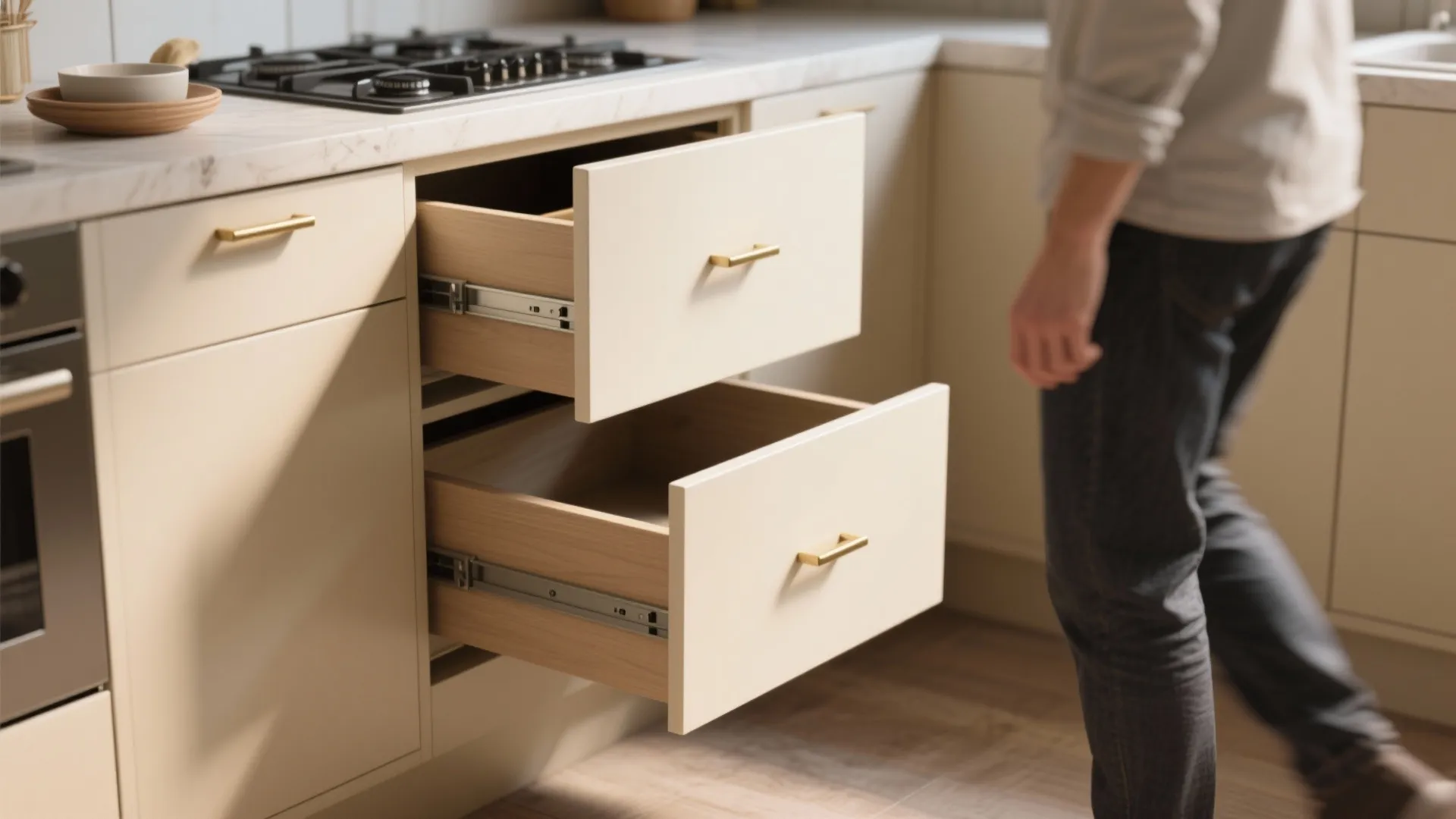 Modern cream kitchen cabinets with two open drawers gold handles marble counter and a stove top