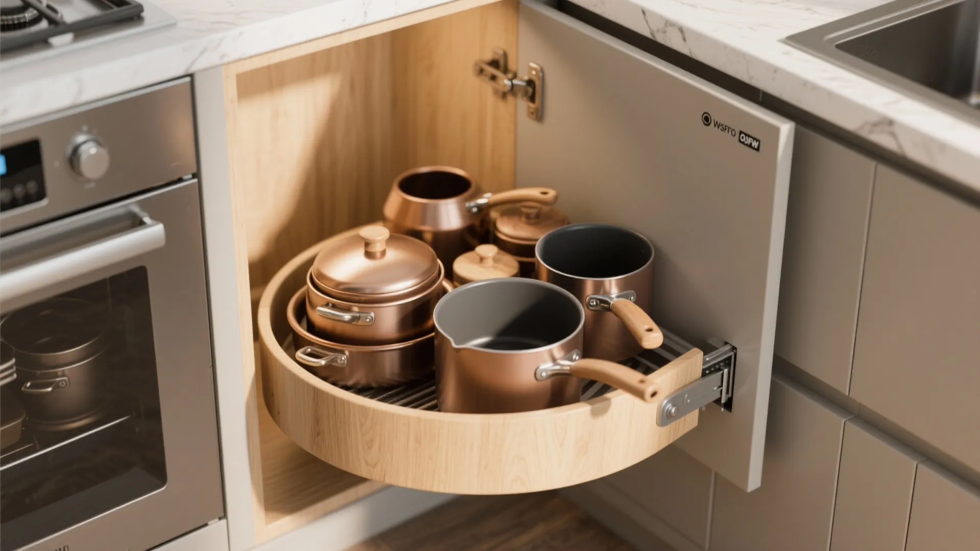 Modern kitchen corner cabinet with a rotating wooden shelf holding several copper pots and pans