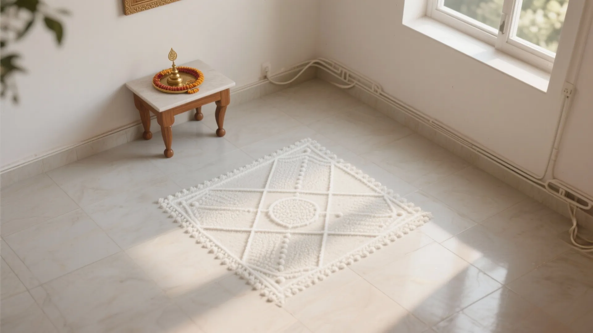 Diagonal Corner Kolam to Enlarge a Tiny Pooja Floor