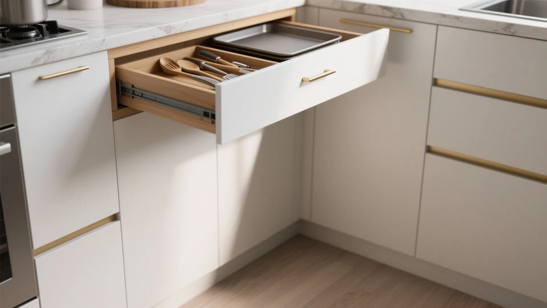 3. Diagonal Corner Cabinet with Drawer Above