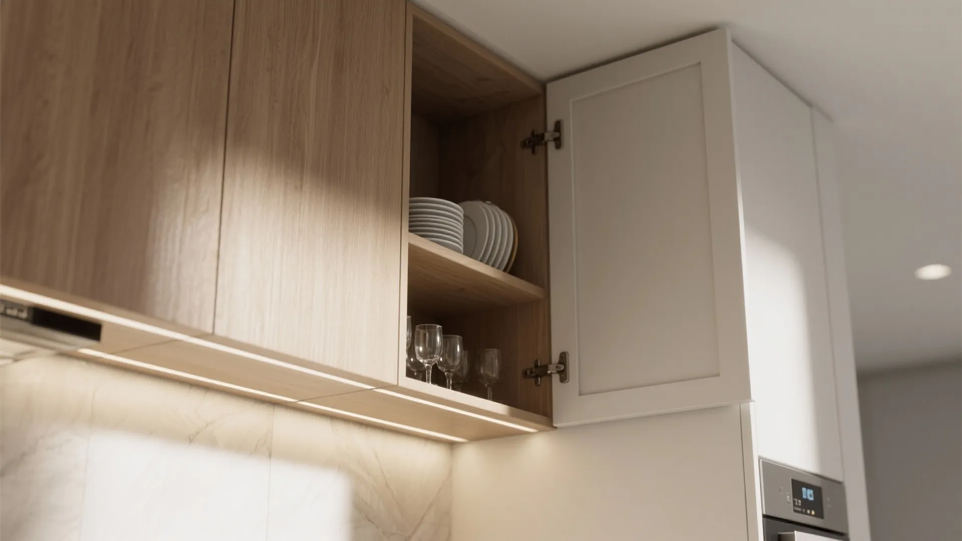 Open wooden wall cabinet showing stacked white plates and glass cups under bright warm light fixture