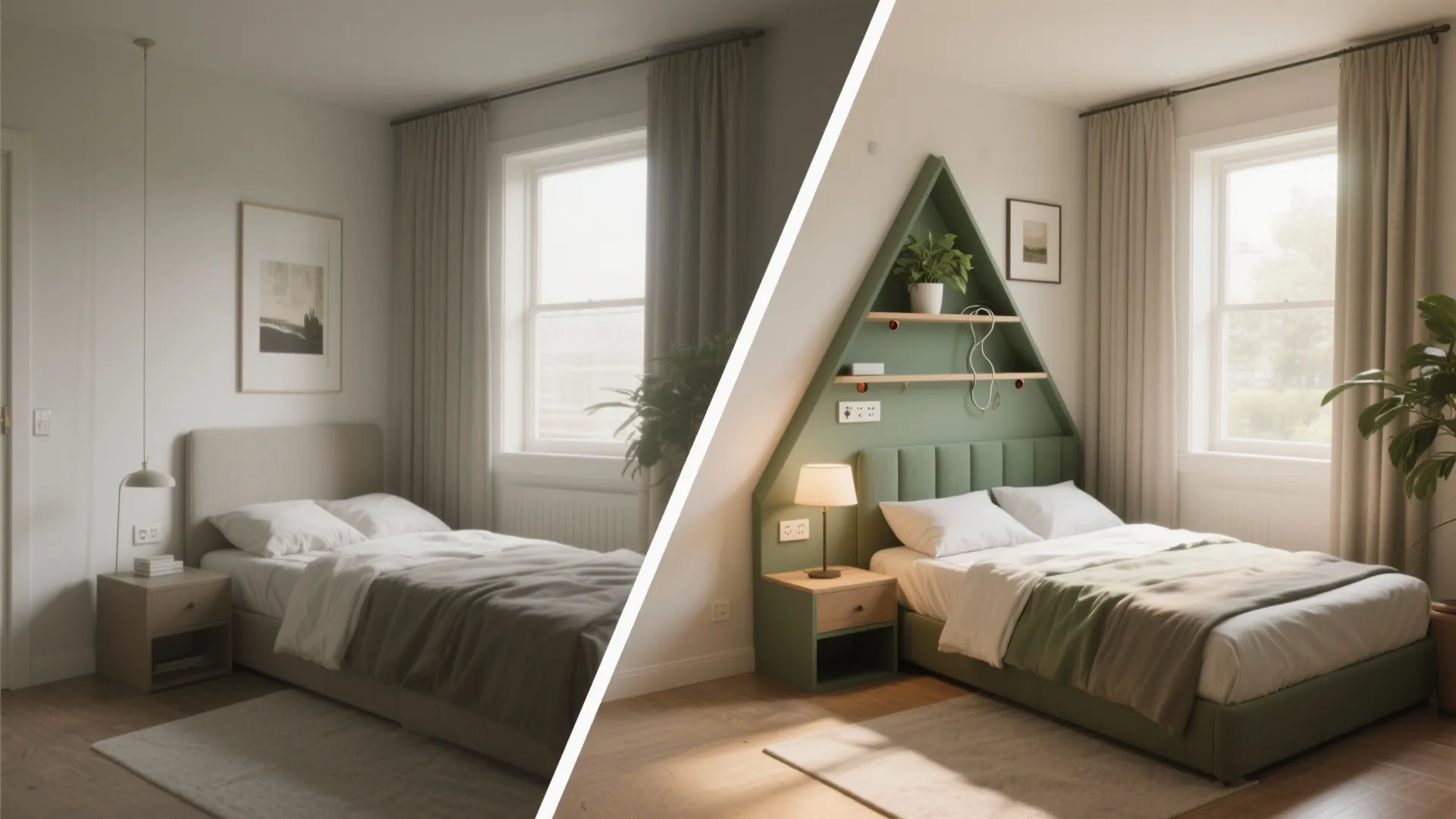 Before and after comparison of simple bed versus one with green house shaped shelf unit