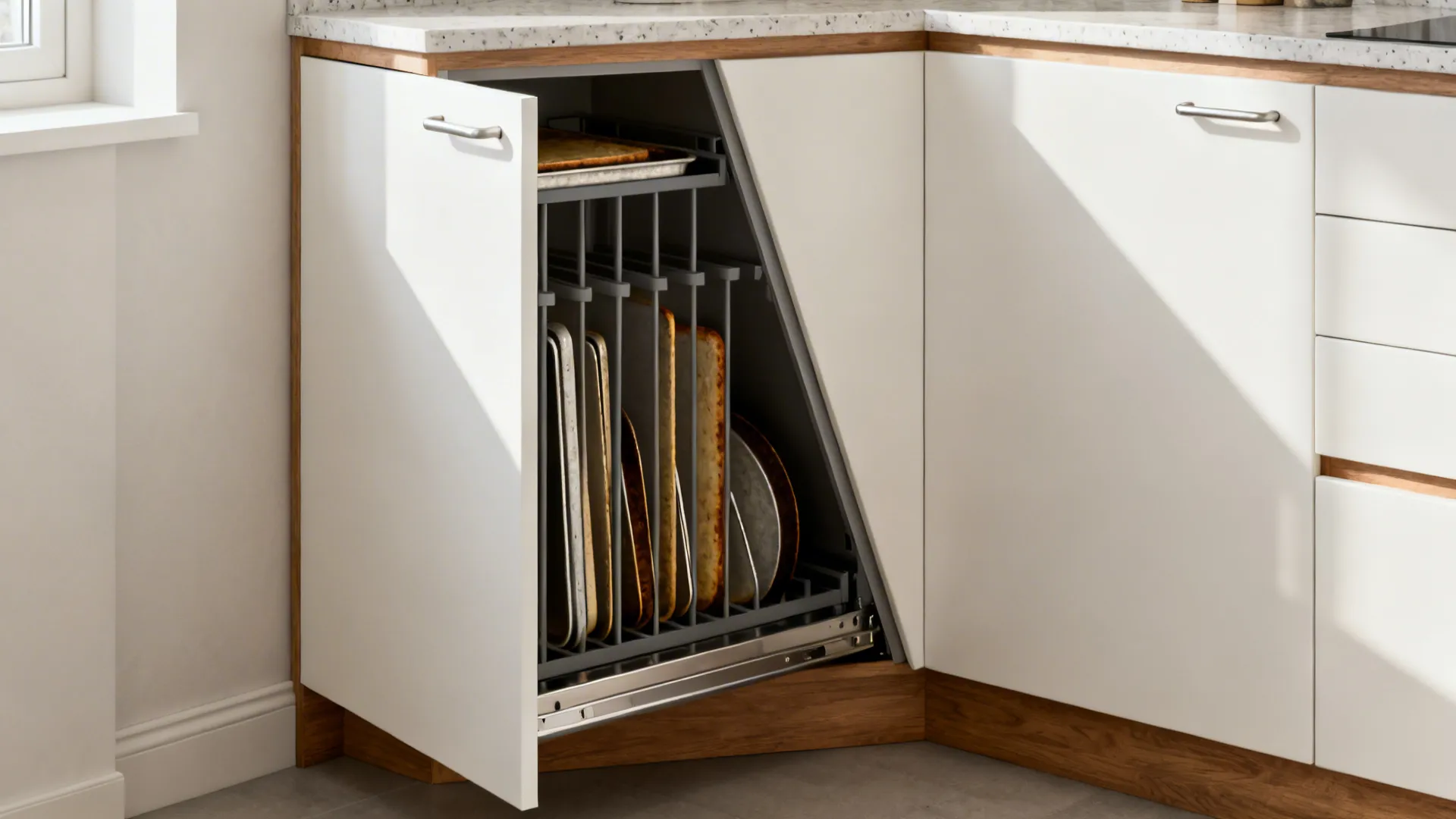 Diagonal corner cabinet with angled door open, showing vertical tray dividers in a small kitchen.