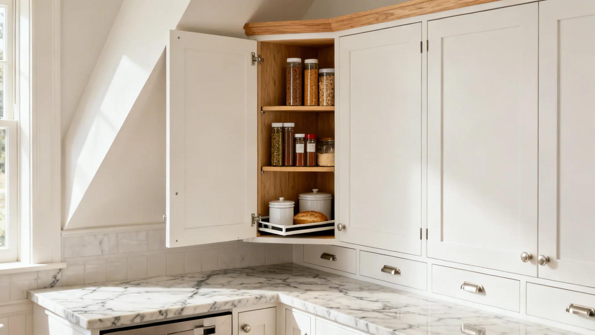 Diagonal upper corner wall cabinet with a full-height angled door and rotating tray in a modern kitchen.