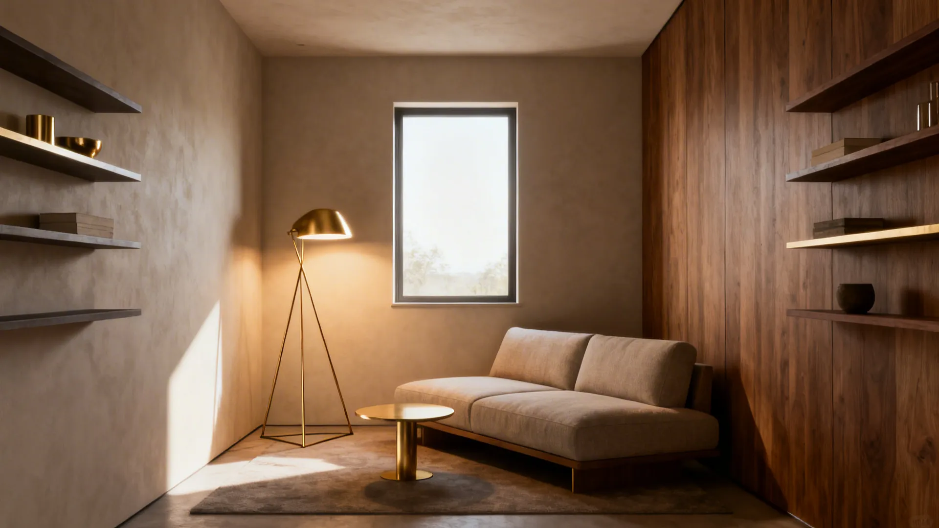 Loveseat placed diagonally in a small living room corner with a side table and floor lamp forming an intimate seating triangle