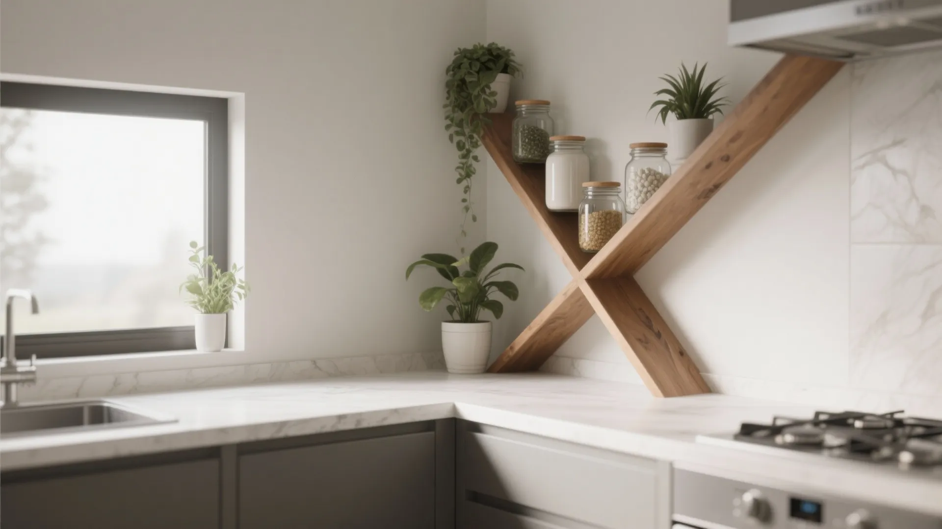 Modern kitchen corner with wooden X shaped shelves holding glass jars and small green indoor plants