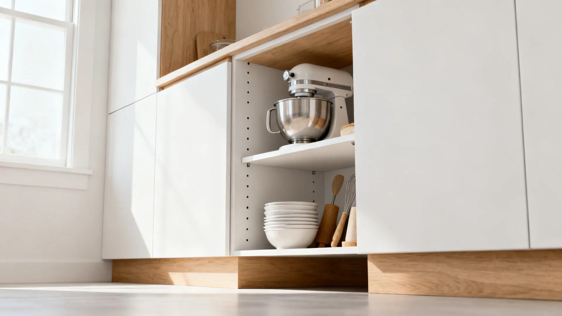 Diagonal 45-degree corner cabinet open with adjustable shelves holding a mixer and bowls.