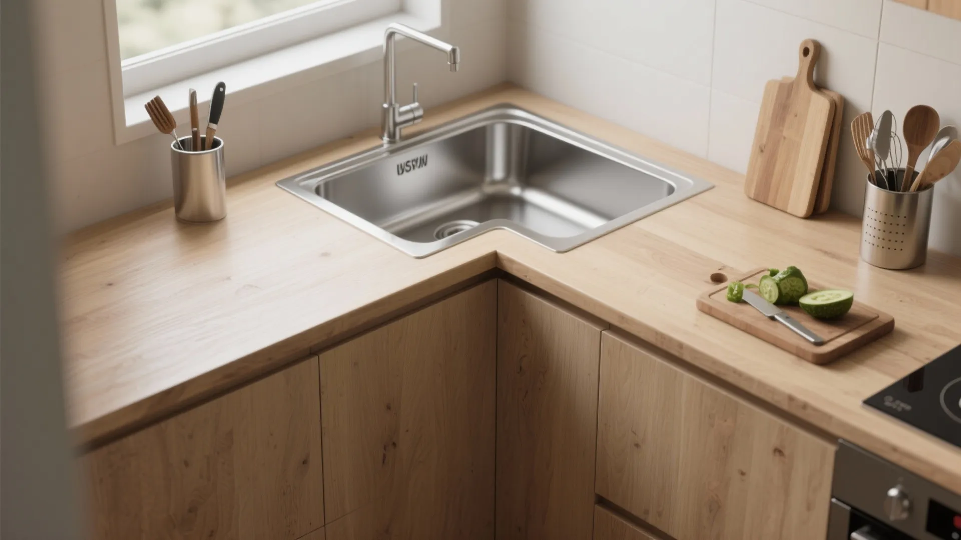 1. Diagonal corner sink to open up countertop work