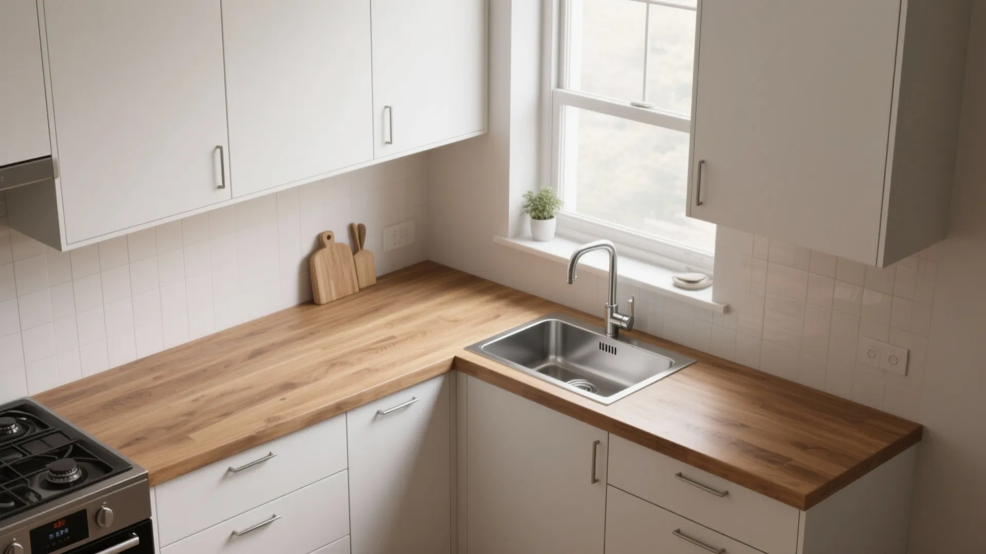 Diagonal corner sink with extended wooden counters and angled cabinetry in a compact kitchen.