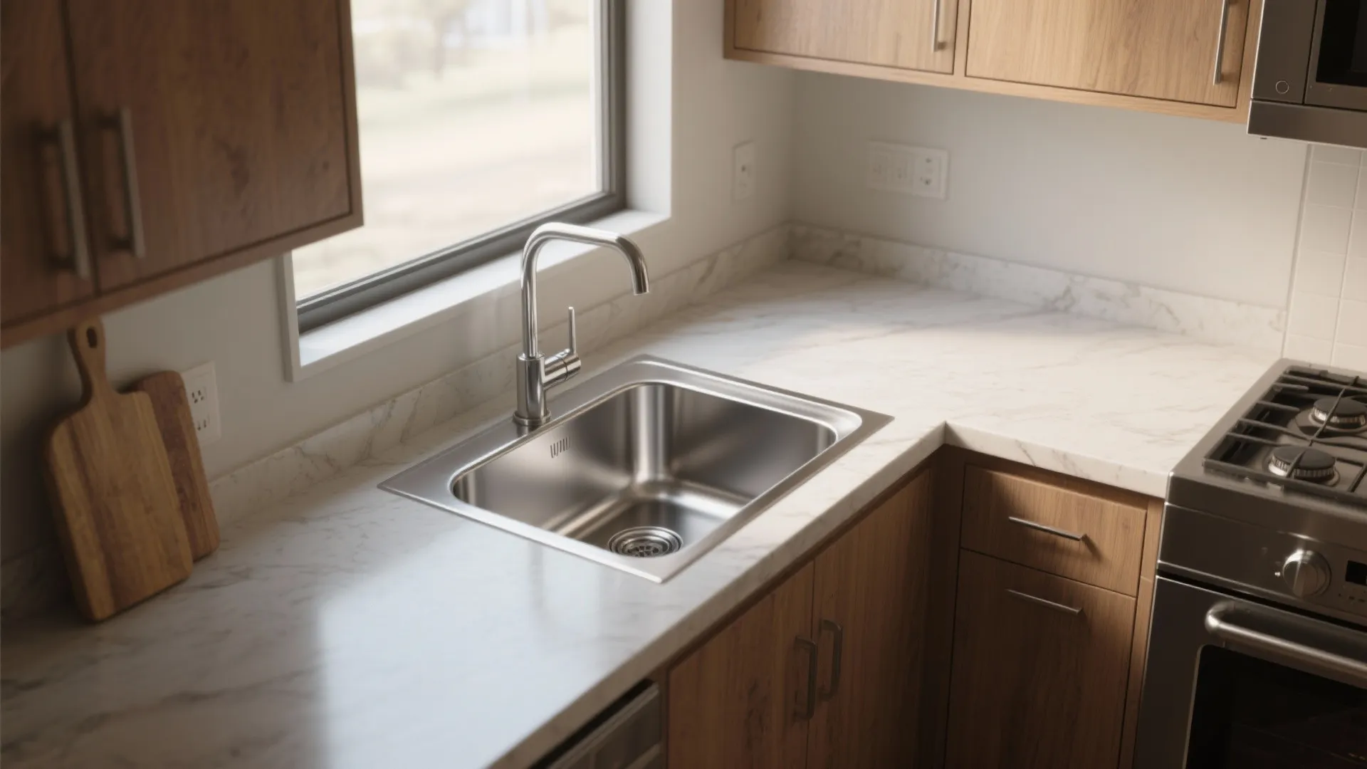 Kitchen corner layout with a stainless steel sink marble countertop wood cabinets and big window