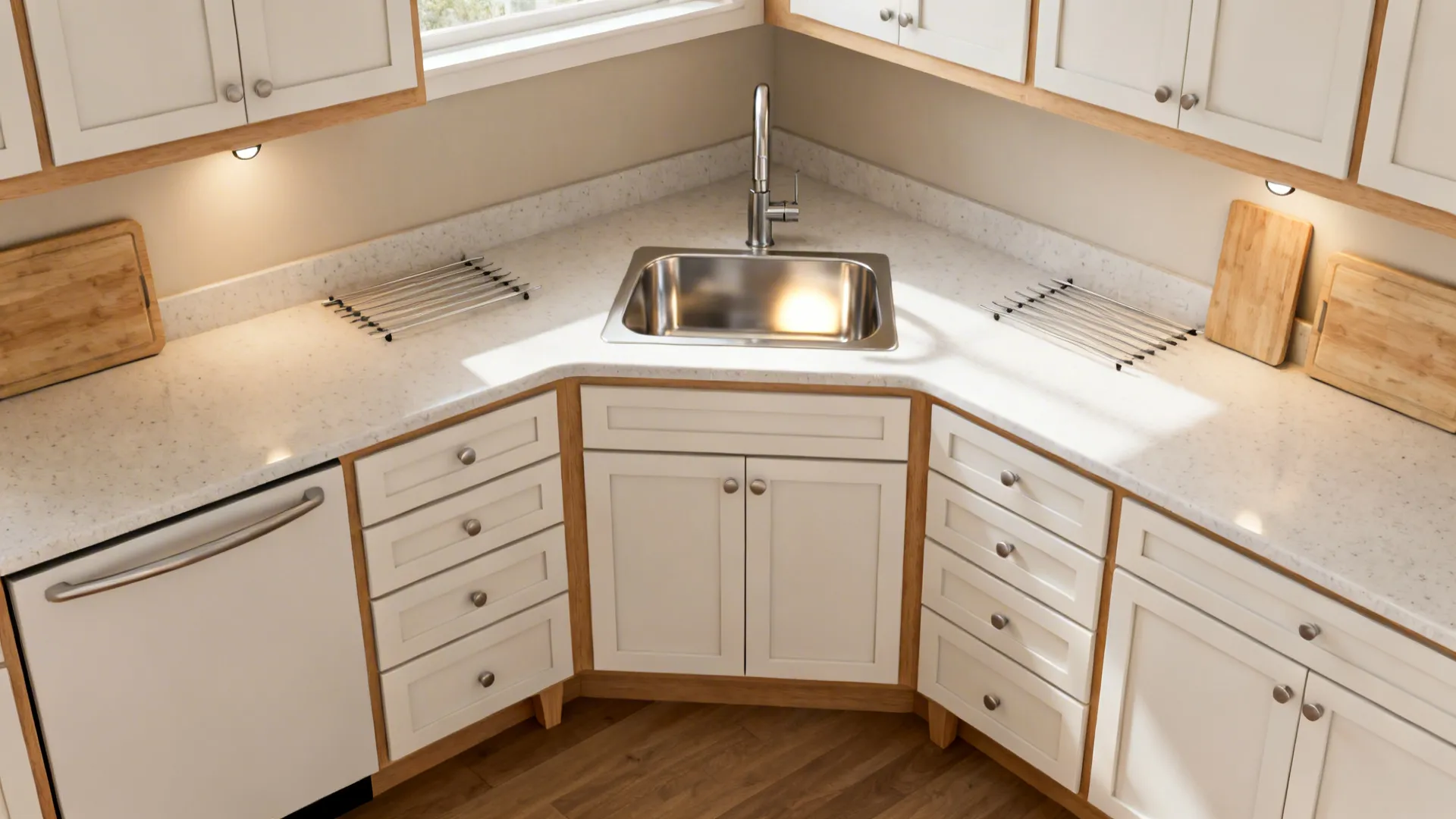 Corner kitchen sink design with white cabinets wooden trim marble countertop and natural window light view