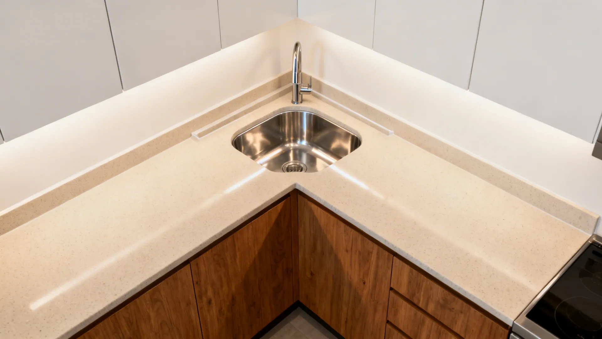 L-shaped kitchen with a diagonal corner sink and compact pull-down faucet creating more landing space.