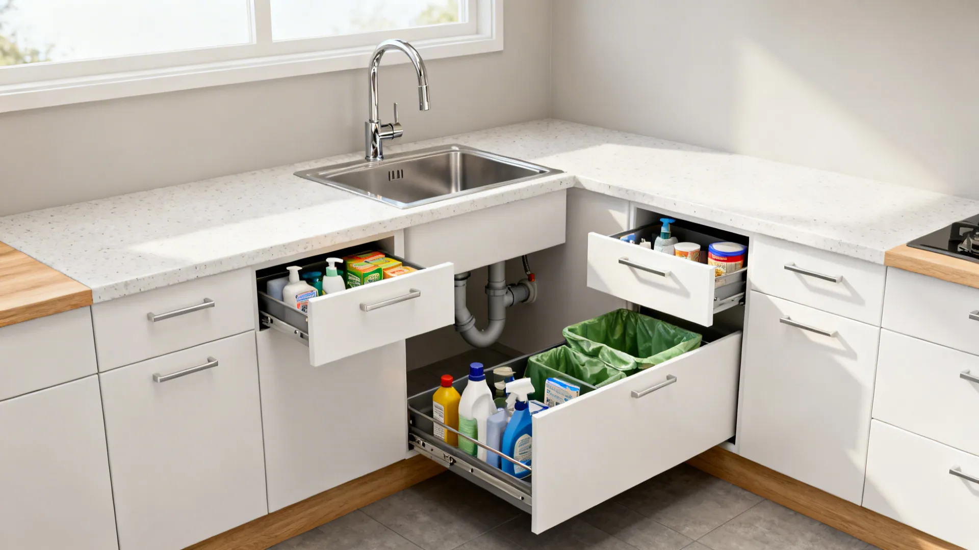 Diagonal corner sink with a U-shaped under-sink drawer pulled out around plumbing, organizing cleaning items.