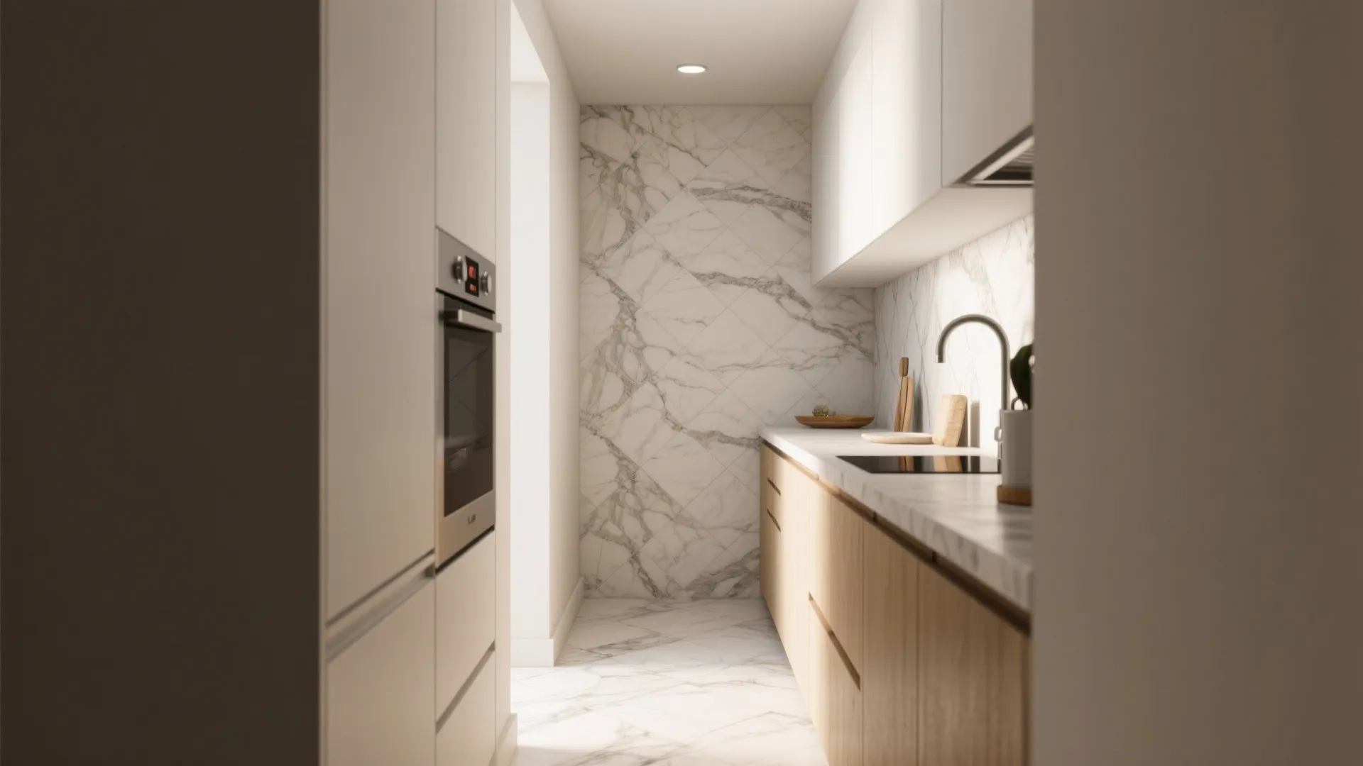 Modern kitchen with white marble wall tiles wood cabinets white counter sink and built in oven