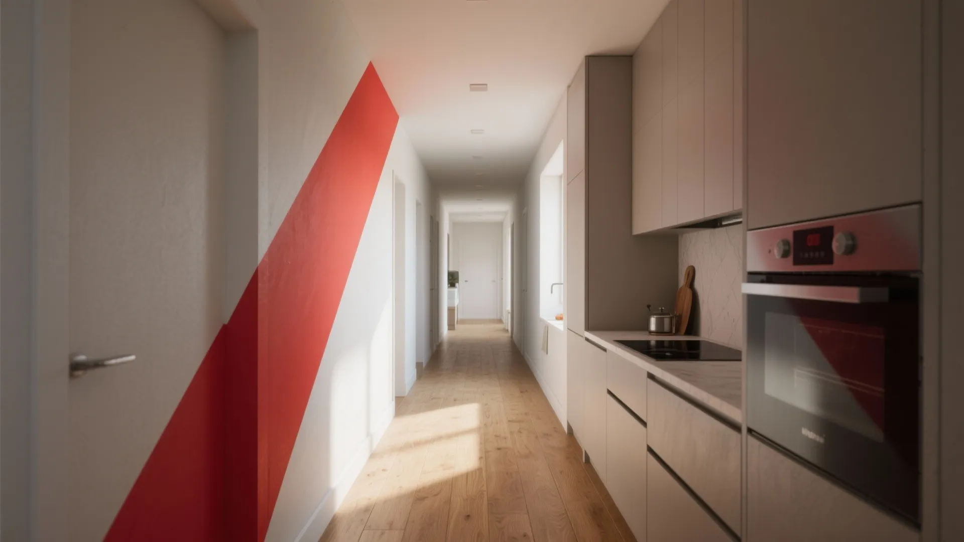 Long narrow hallway with red diagonal stripe on wall leading into a modern kitchen with oven