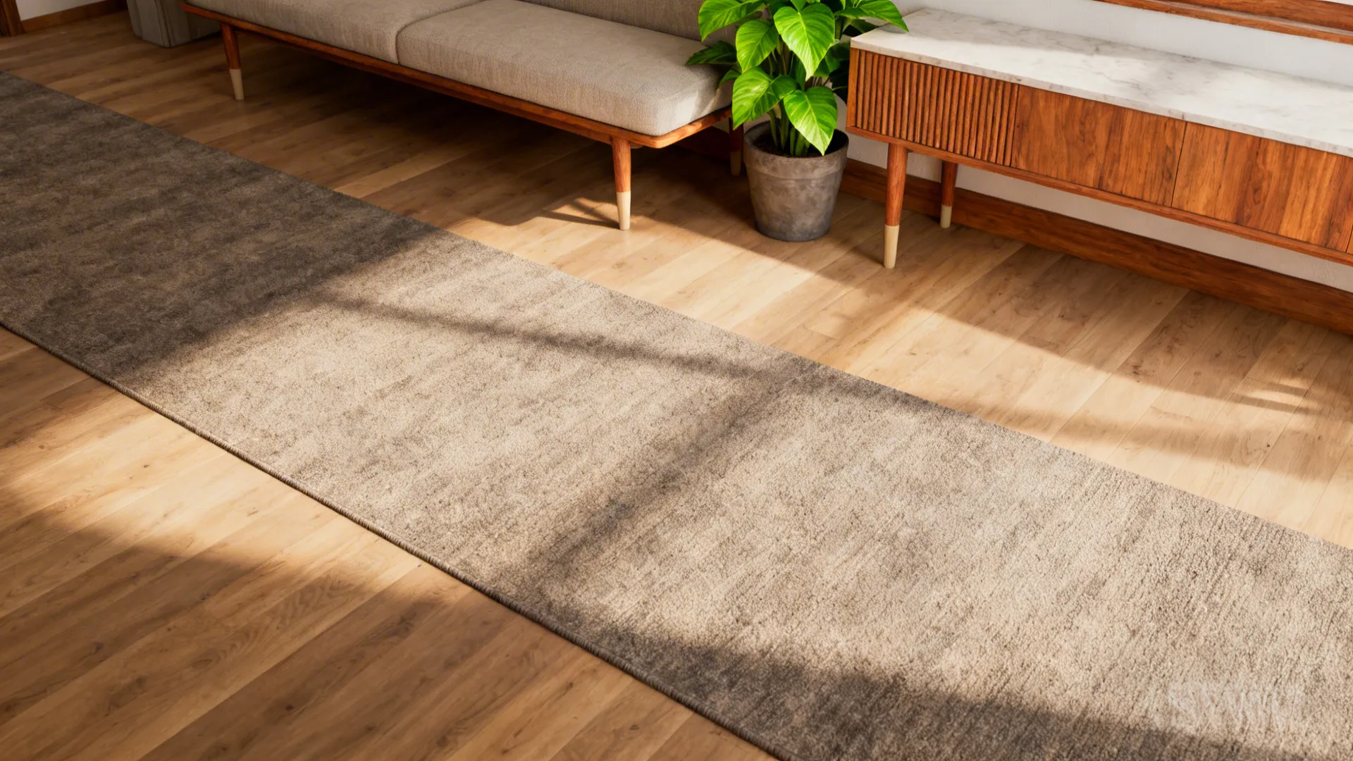 Sofa and console placed diagonally to add perceived depth and natural pathways in a small living room.