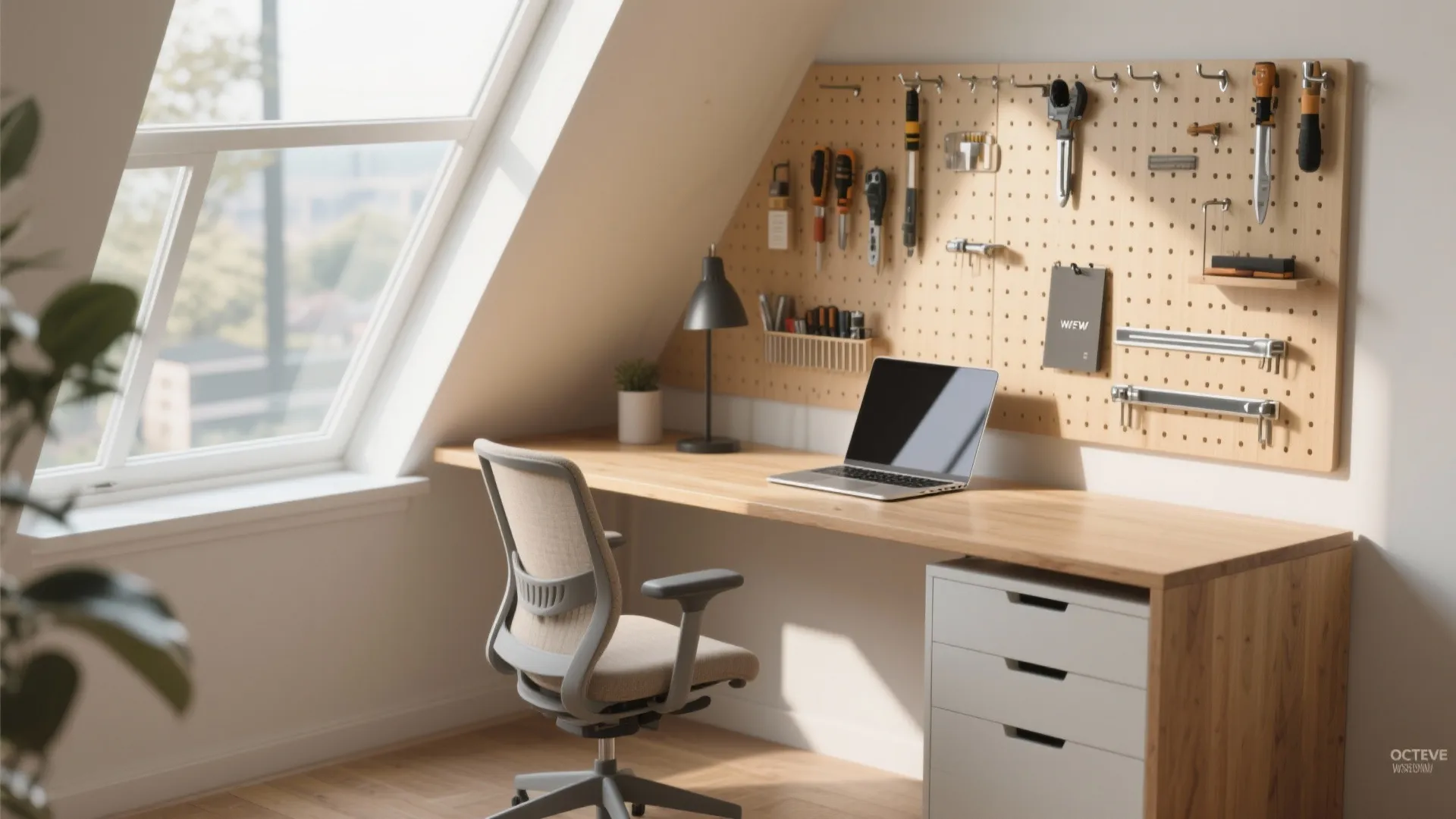 Diagonal 45-degree corner desk by a window with pegboard storage and ergonomic setup in light oak tones.