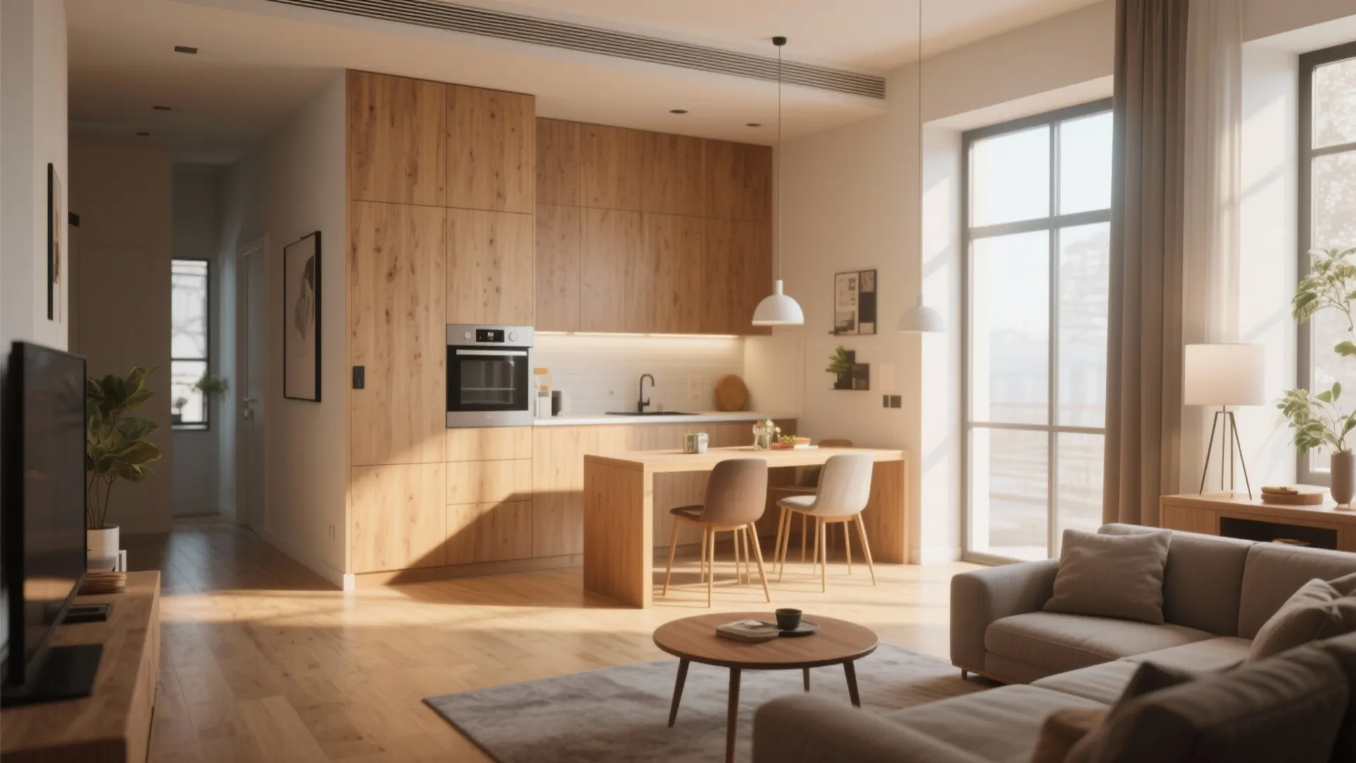 Open plan kitchen and living room with wooden cabinets dining table sofa and large bright window