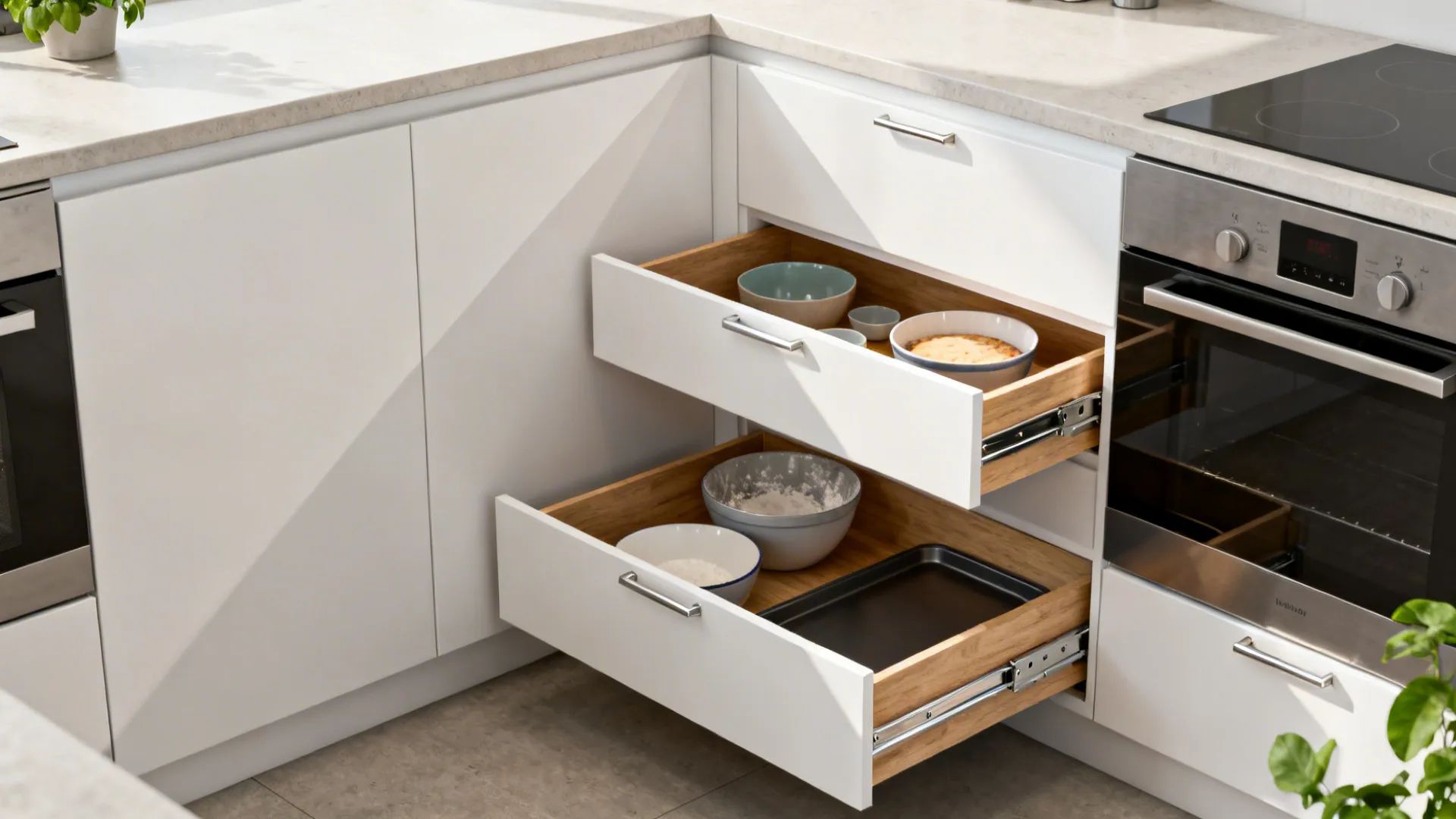 Diagonal corner cabinet with deep drawers pulled out, organizing bowls and trays in a compact kitchen.