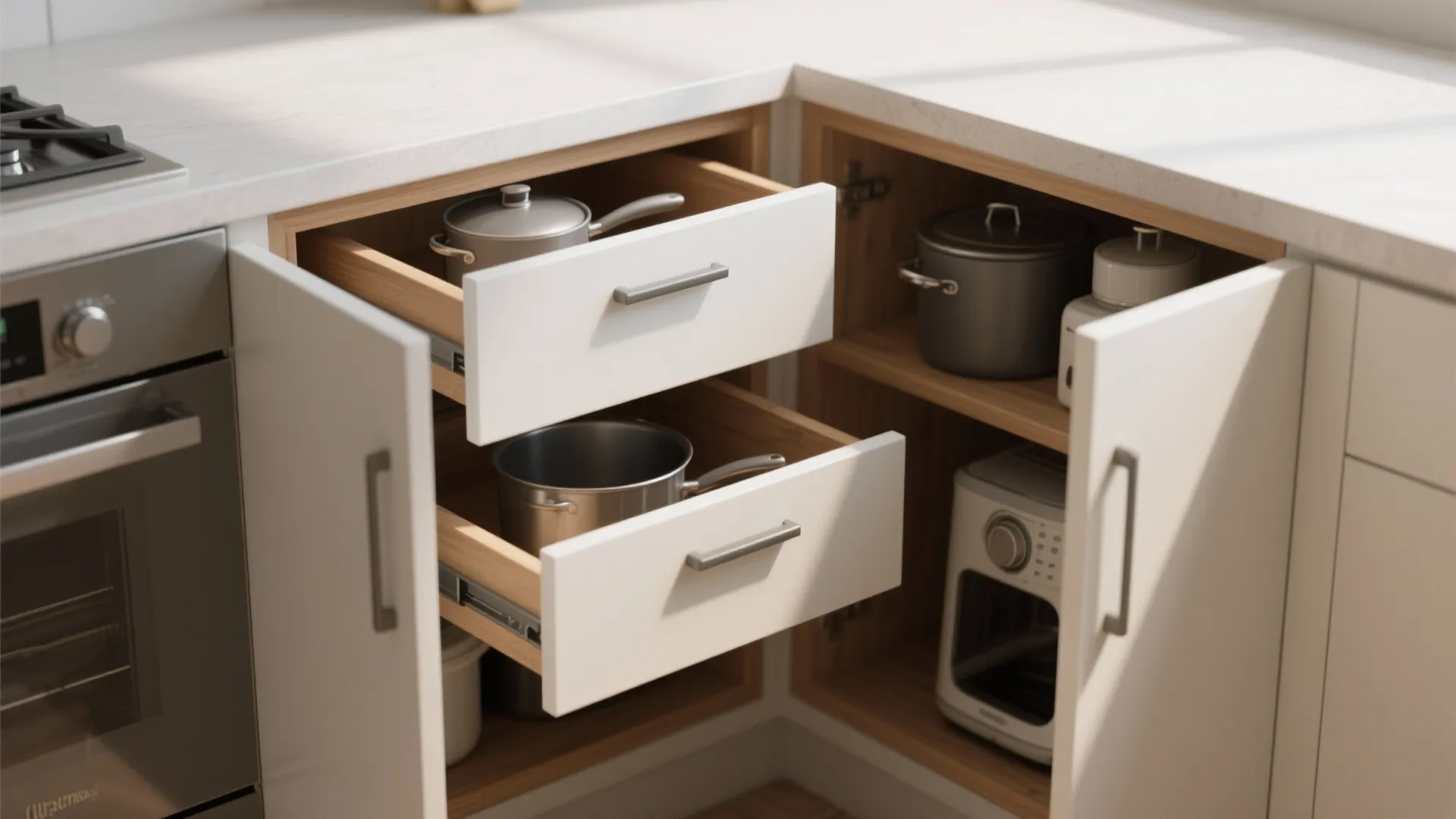 3. Diagonal corner cabinet with deep drawers