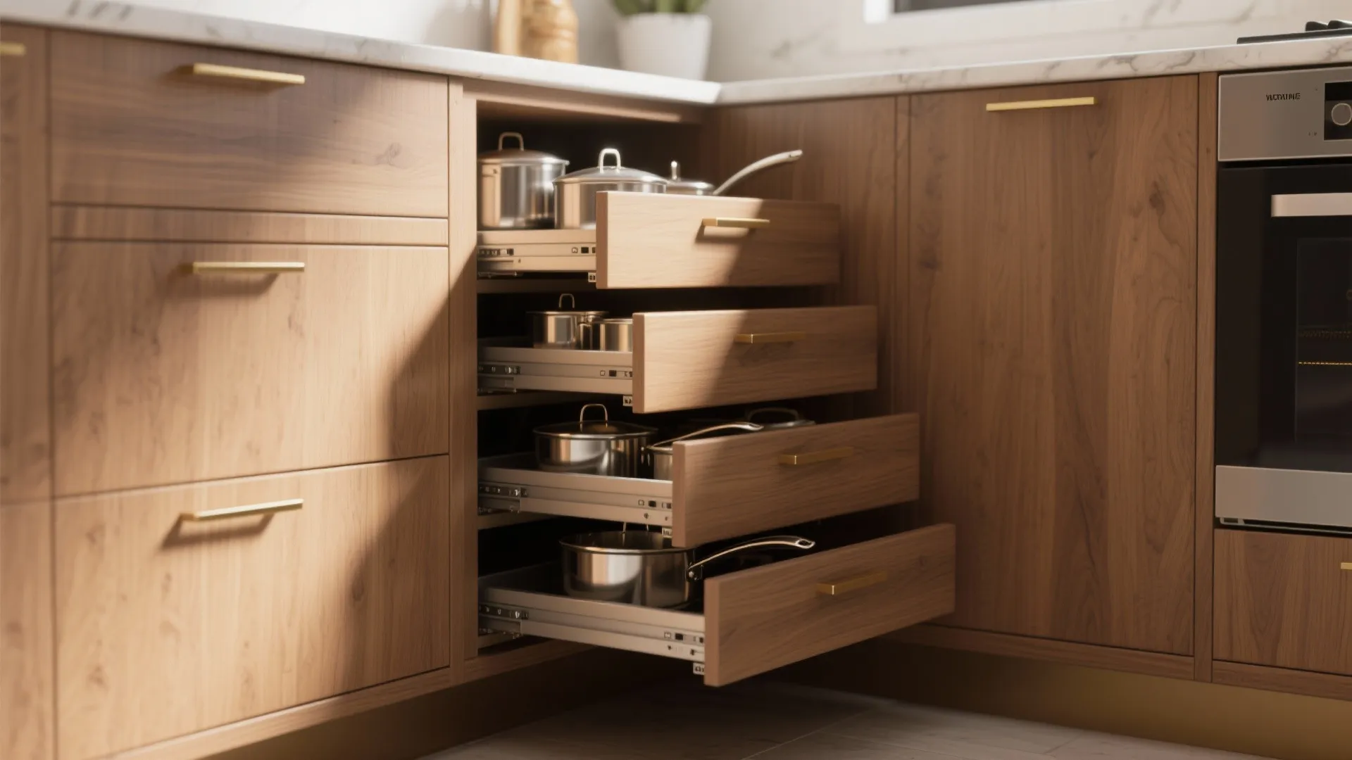 Modern wooden kitchen cabinet with several open drawers showing organized storage for stainless steel pots