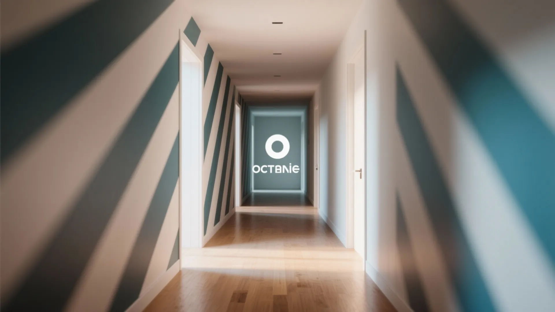 Modern hallway with wooden floor and blue diagonal stripes on walls leading to bright doorway