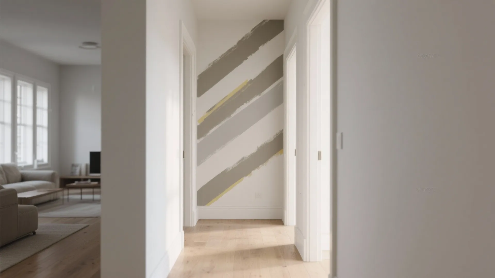 Modern white hallway with diagonal grey and yellow paint stripes on the main wall area