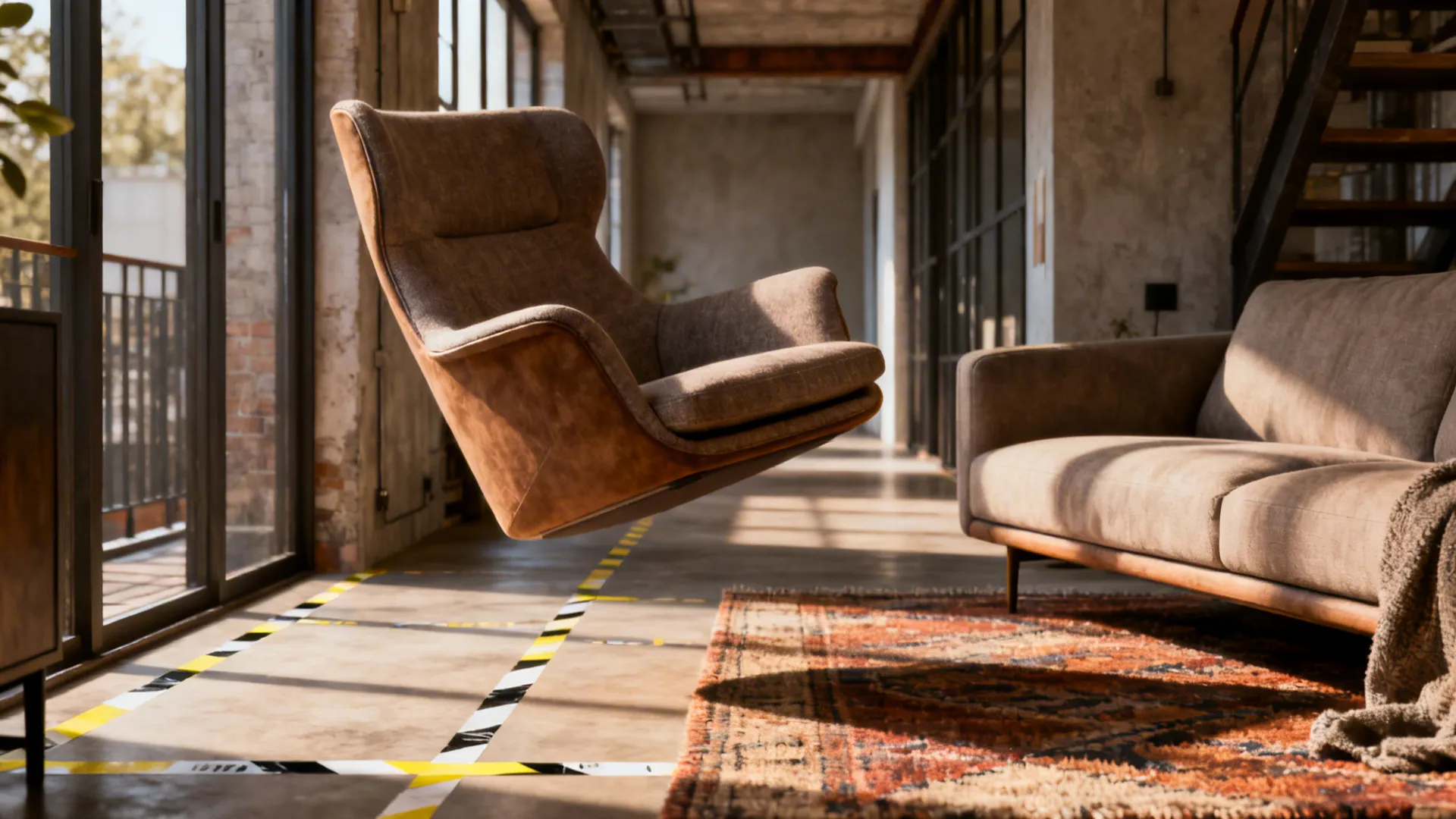 Diagonal armchair and angled sofa creating depth in a long narrow living room