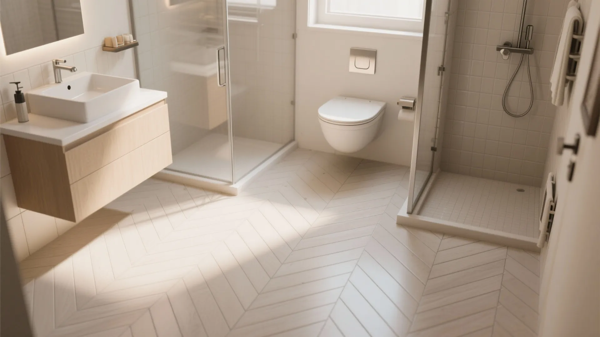 Bathroom floor with diagonal tiles creating movement and visually enlarging the space.