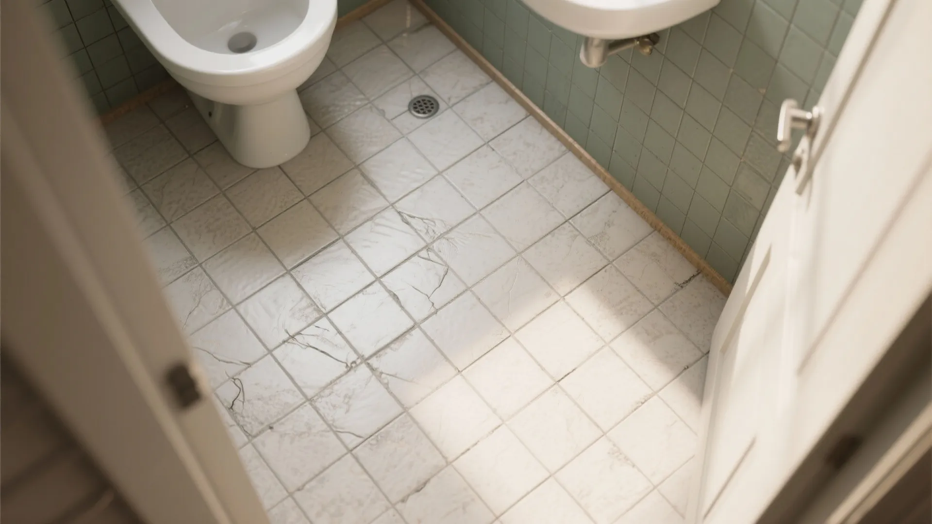 Top-down view of a small bathroom floor with diagonal tile pattern disguising imperfect geometry