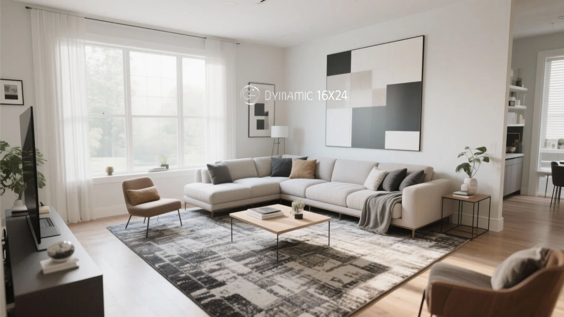 Modern bright living room featuring corner sofa patterned rug wooden coffee table and white window curtains