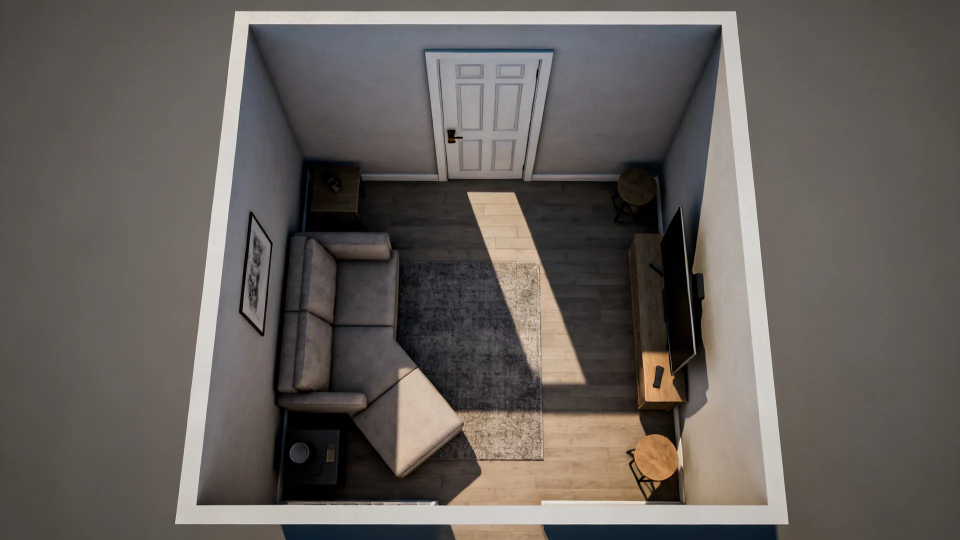 Top-down view of a living room with a sofa angled slightly off-axis to create clear circulation from a centered door.