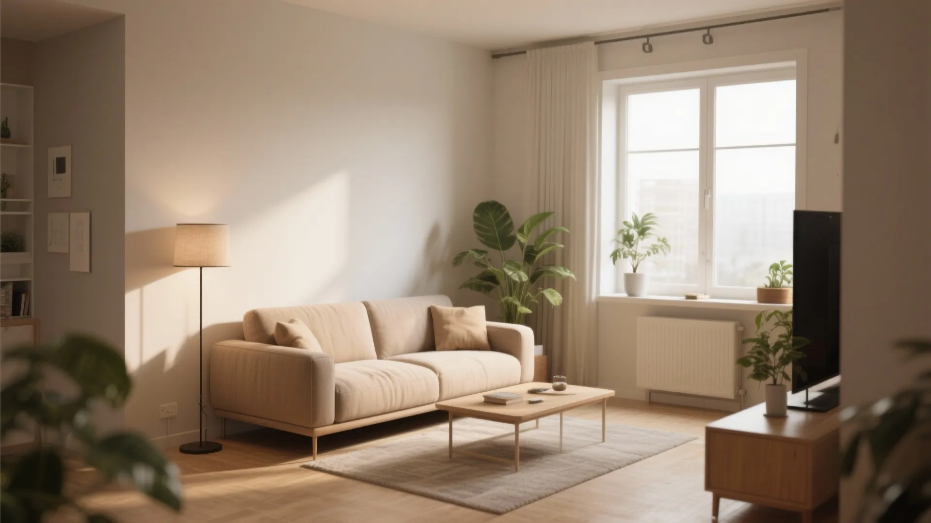 Simple living room interior with tan sofa wooden coffee table floor lamp and green potted plants