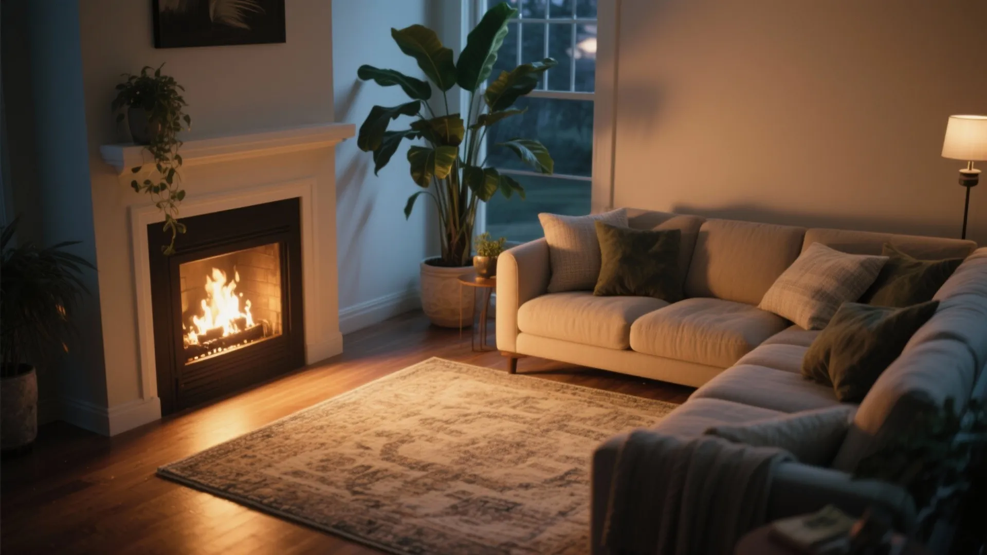 Cozy living room with warm fireplace white sofa green pillows patterned rug and potted plant