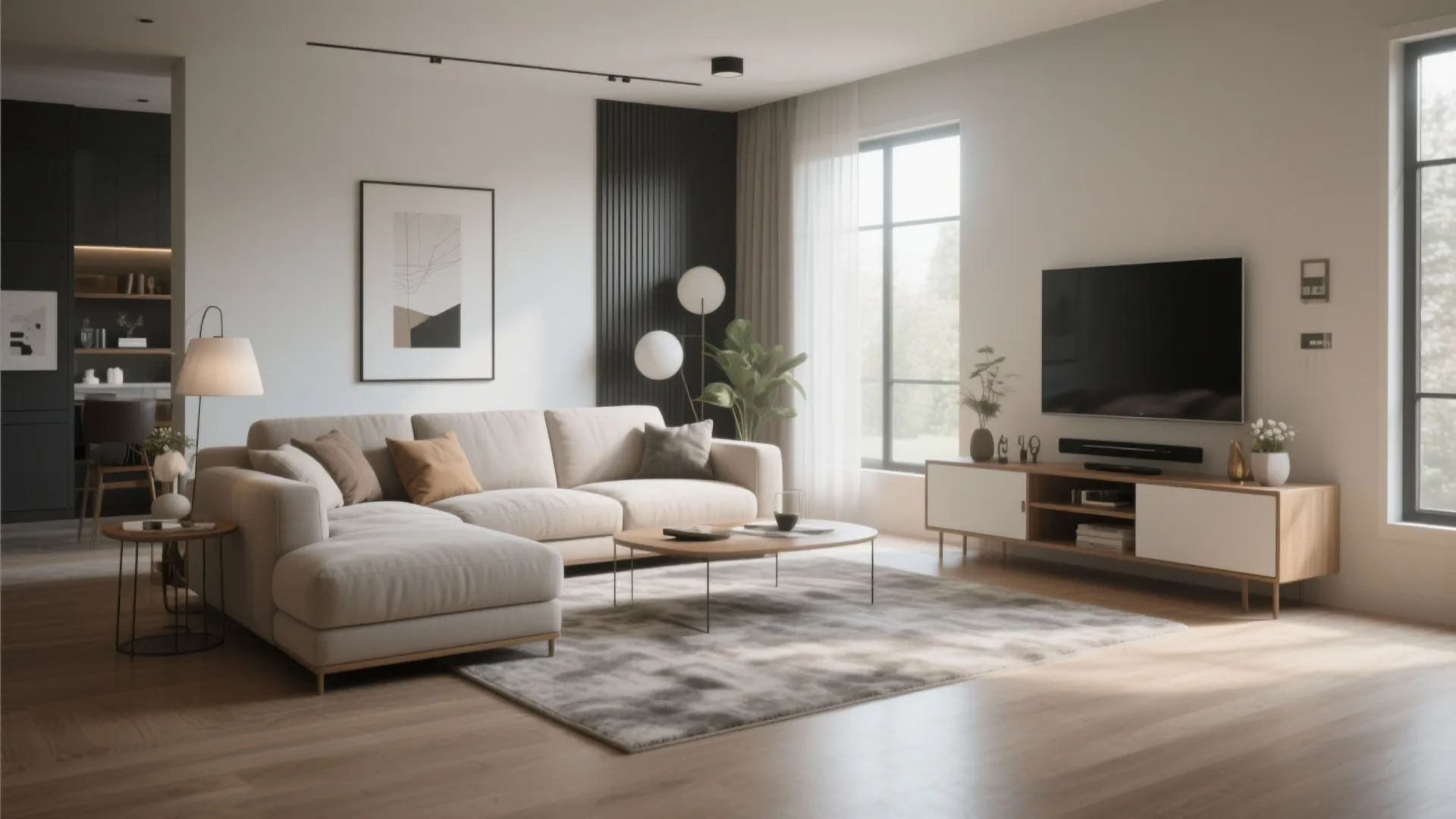 Bright modern living room with large sofa coffee table television cabinet and black wall panel